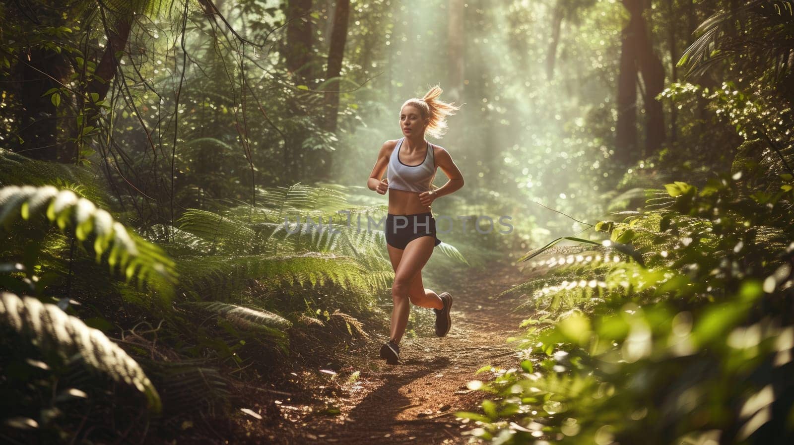 A woman wearing shorts is running through a forest trail surrounded by terrestrial plants, trees, and grass in a natural landscape. AIG41