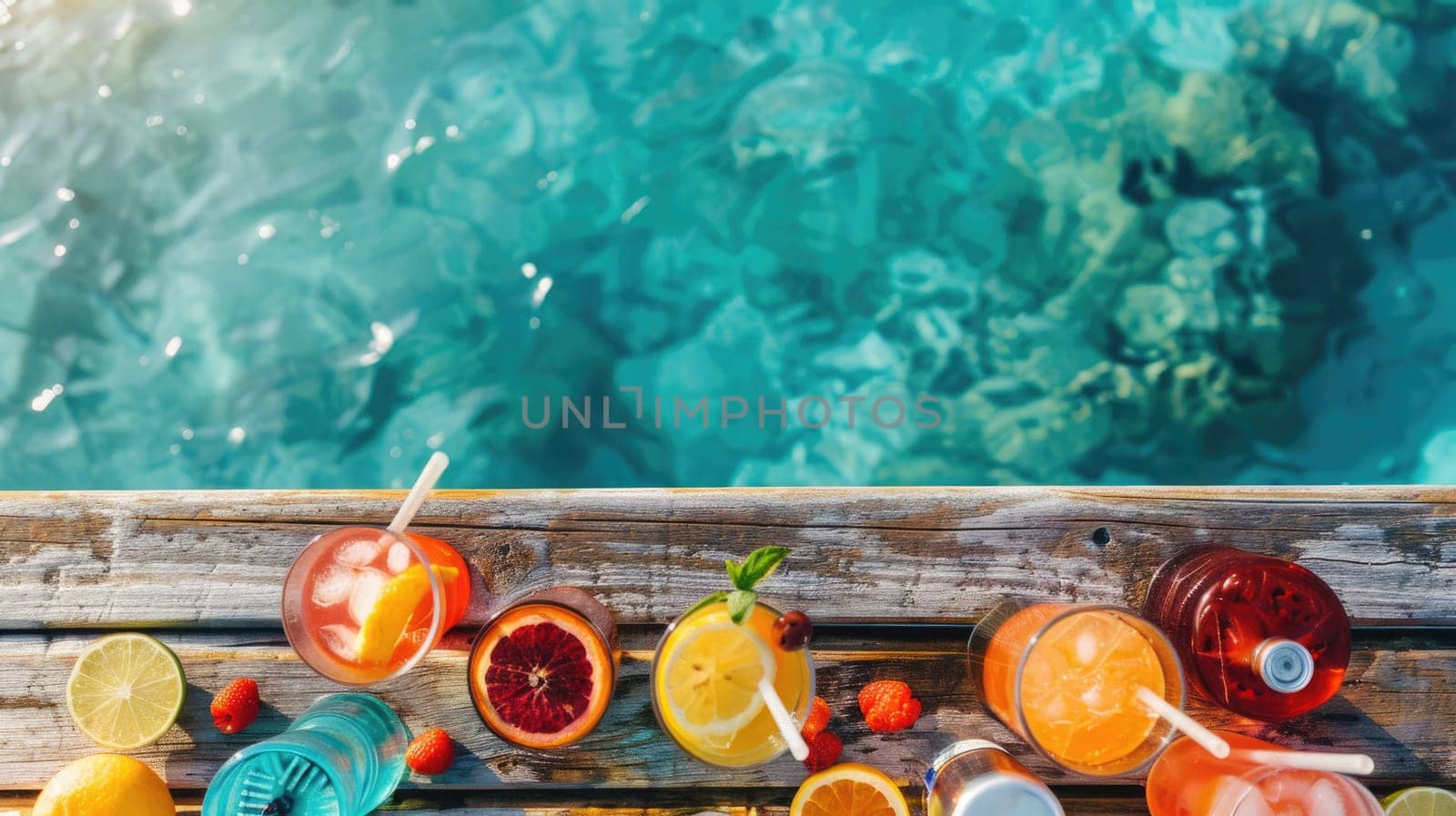 A line of beverages placed on a wooden pier by the ocean, surrounded by a natural environment with lush plants, trees, and underwater organisms. A tranquil scene for leisure AIG50