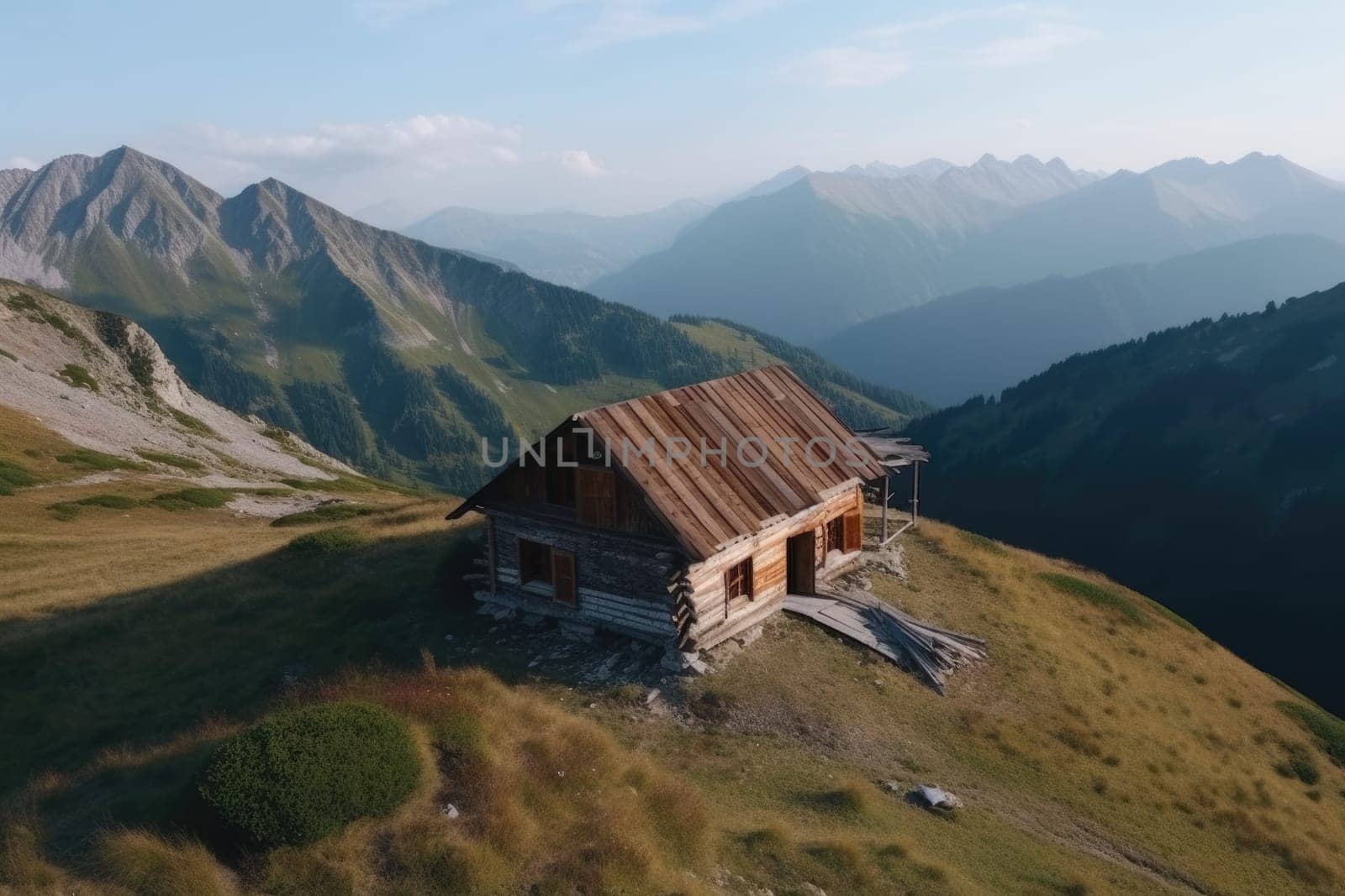 A wooden cabin nestled on a lush green hillside overlooking snow-capped mountains. AIG51A.