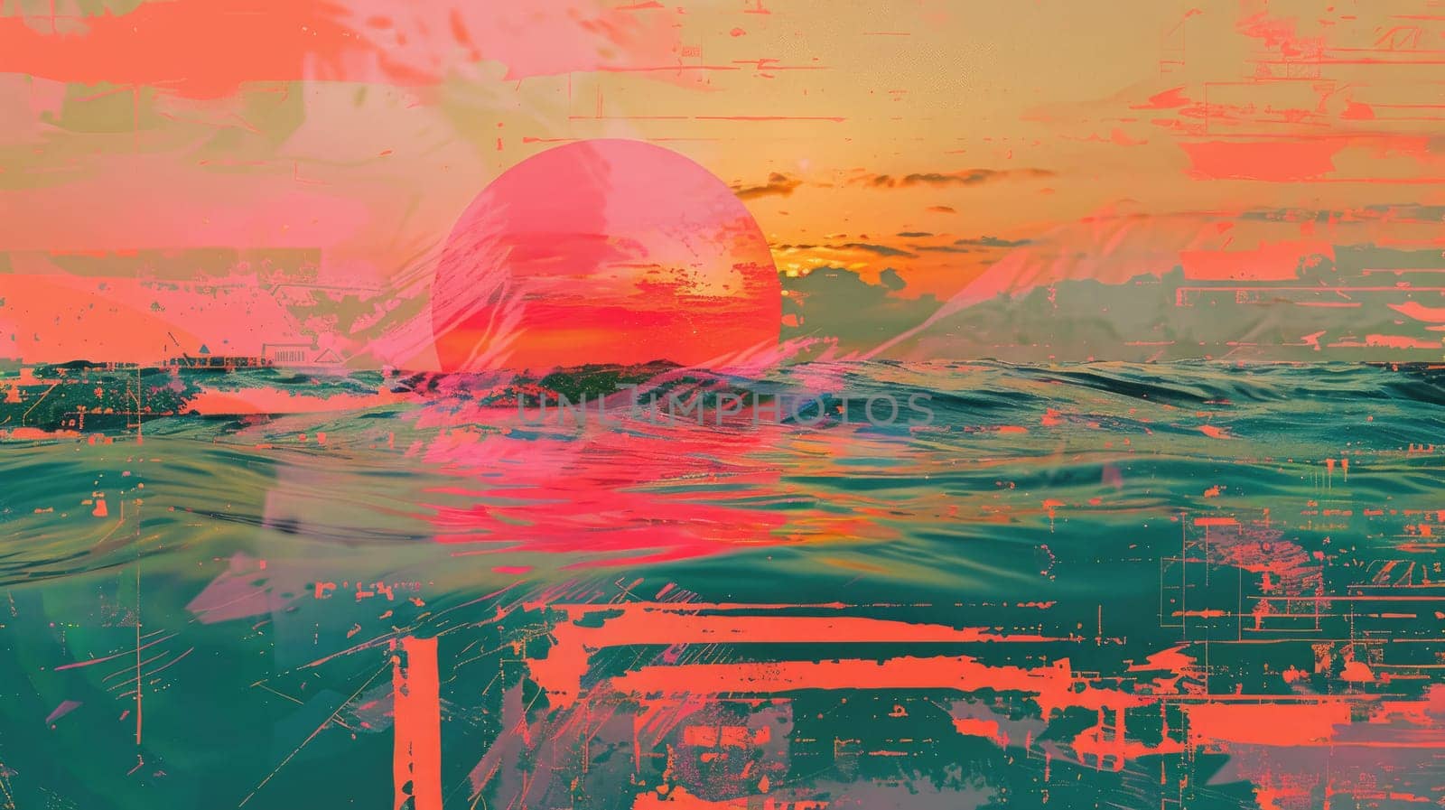 A beautiful painting depicting a peaceful sunset over a tranquil body of water, with vibrant red and orange hues reflecting in the sky and water AIG50
