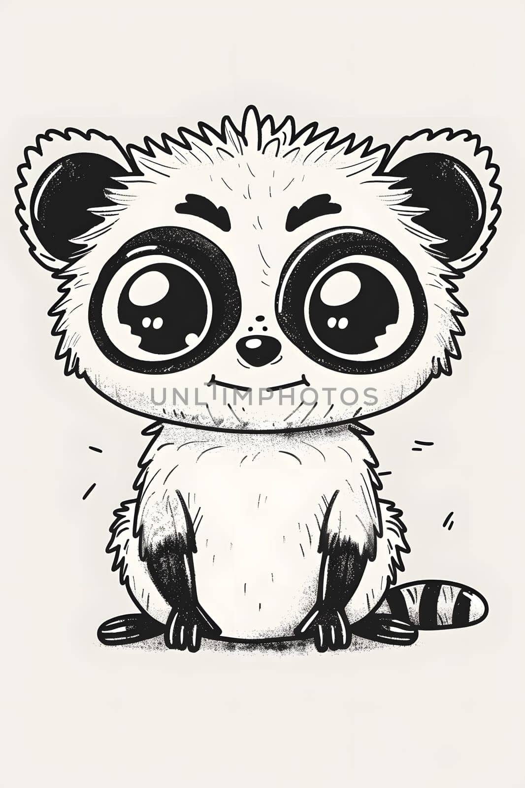A black and white cartoon drawing of a raccoons head, featuring big eyes. The style is simplistic and the eyes are drawn in a cartoonish owllike fashion