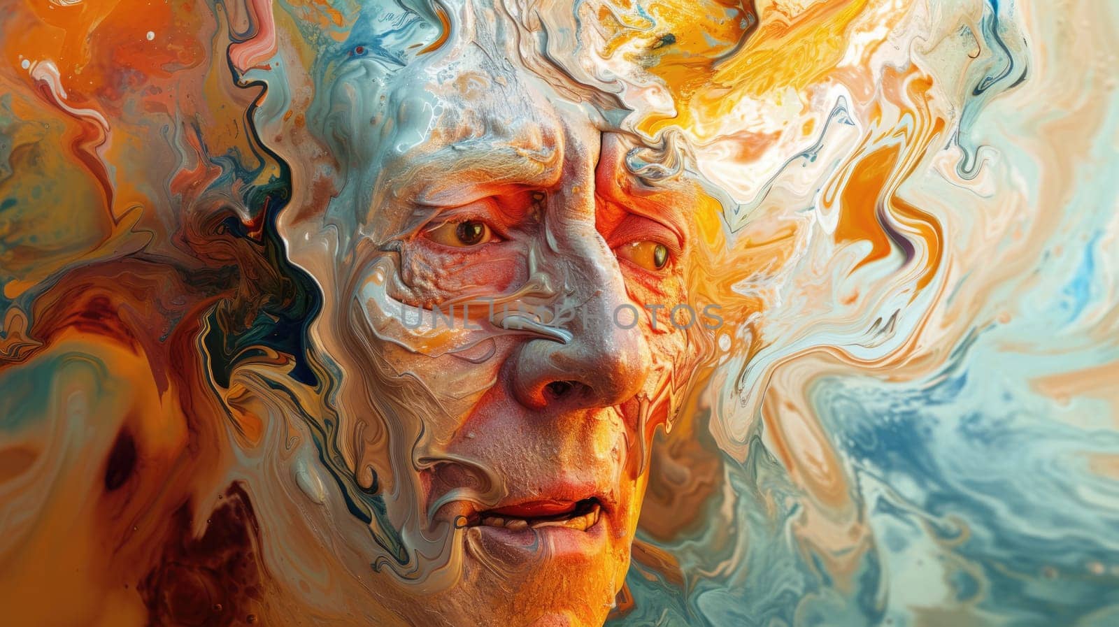 A portrait of realistic painting of middle aged man with wrinkled face and was painted with watercolor. An abstract image of old people face with paint brush. Modern impressionist art concept. AIG42.