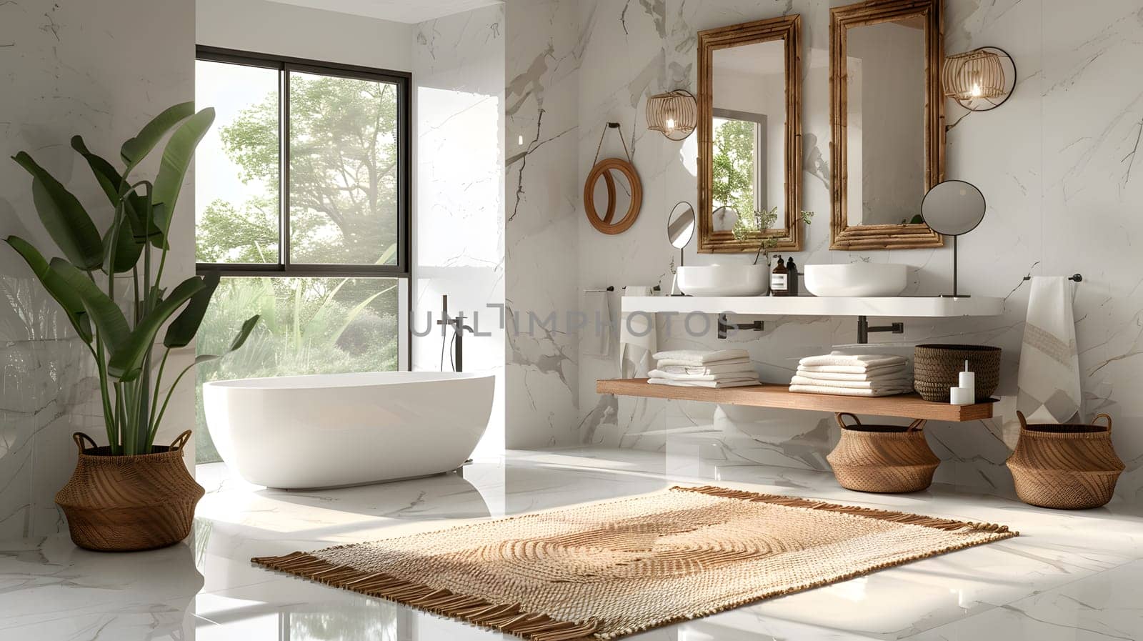 a bathroom with a tub , sinks , mirrors and a rug by Nadtochiy