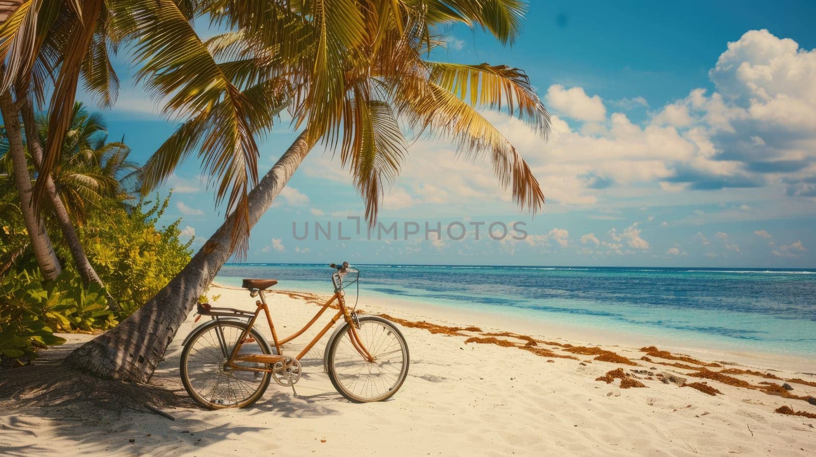 A bicycle with its tire against a palm tree on the beach, under a cloudy sky with water in the background, blending with nature AIG50