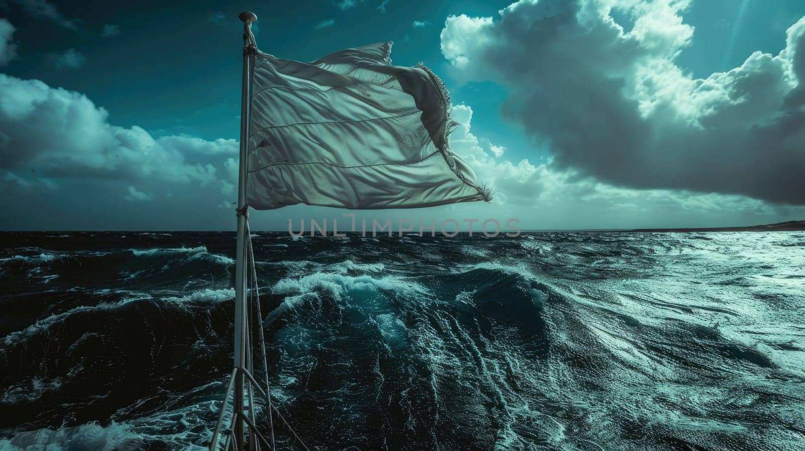 A vibrant red flag flutters under a cumulus cloud in the electric blue sky amidst the vast expanse of liquid water, signaling a warning to travelers of potential danger ahead AIG50
