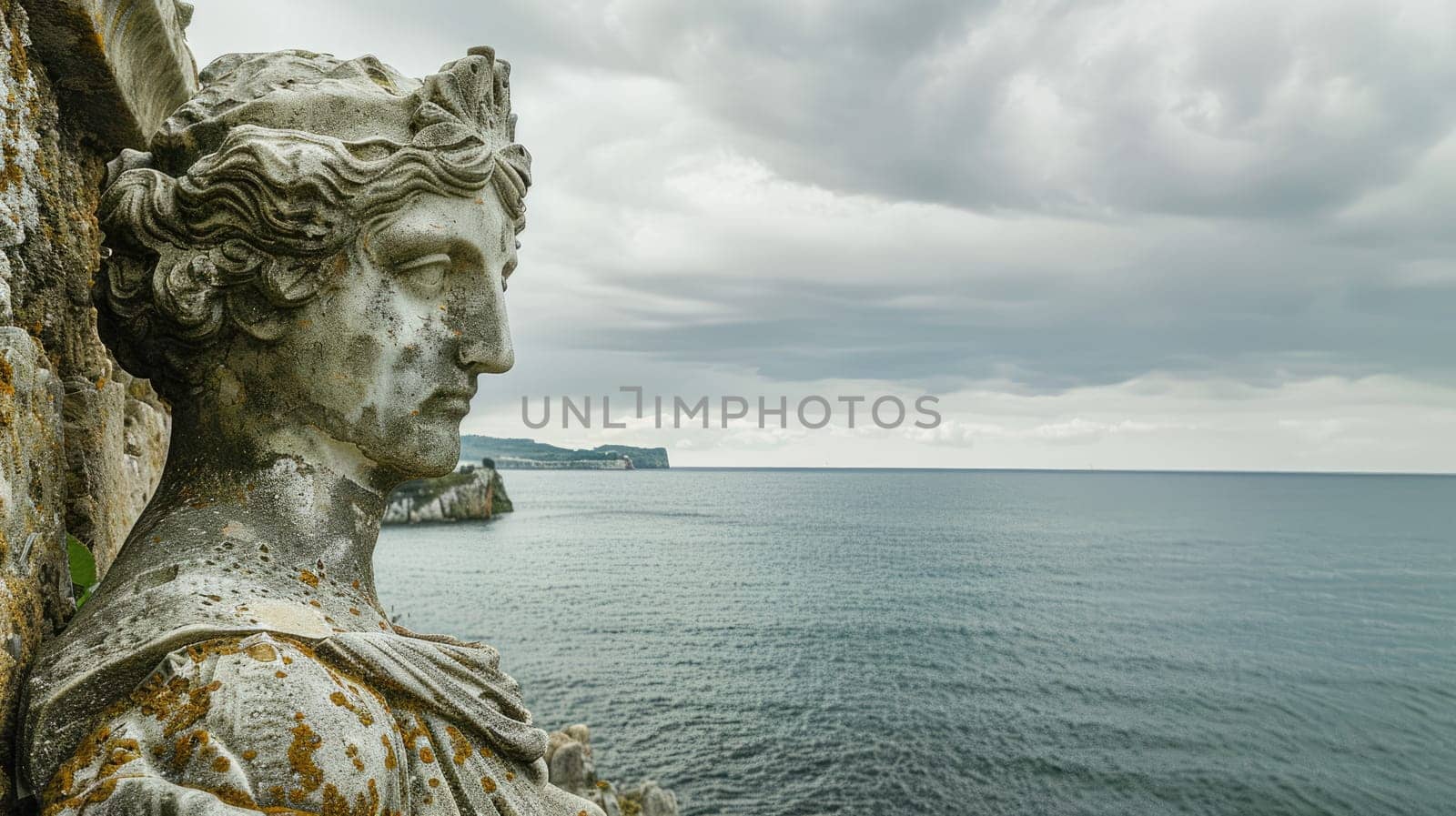 A sculpture of a woman on a rock, gazing out over the vast ocean in a serene natural landscape, with the sky and water blending seamlessly AIG50