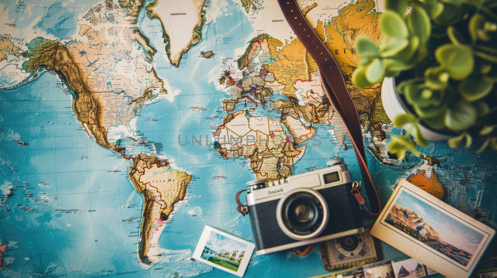 An intricate map of the world is elegantly displayed on a wooden table. The intricate patterns and font create a beautiful piece of art AIG50