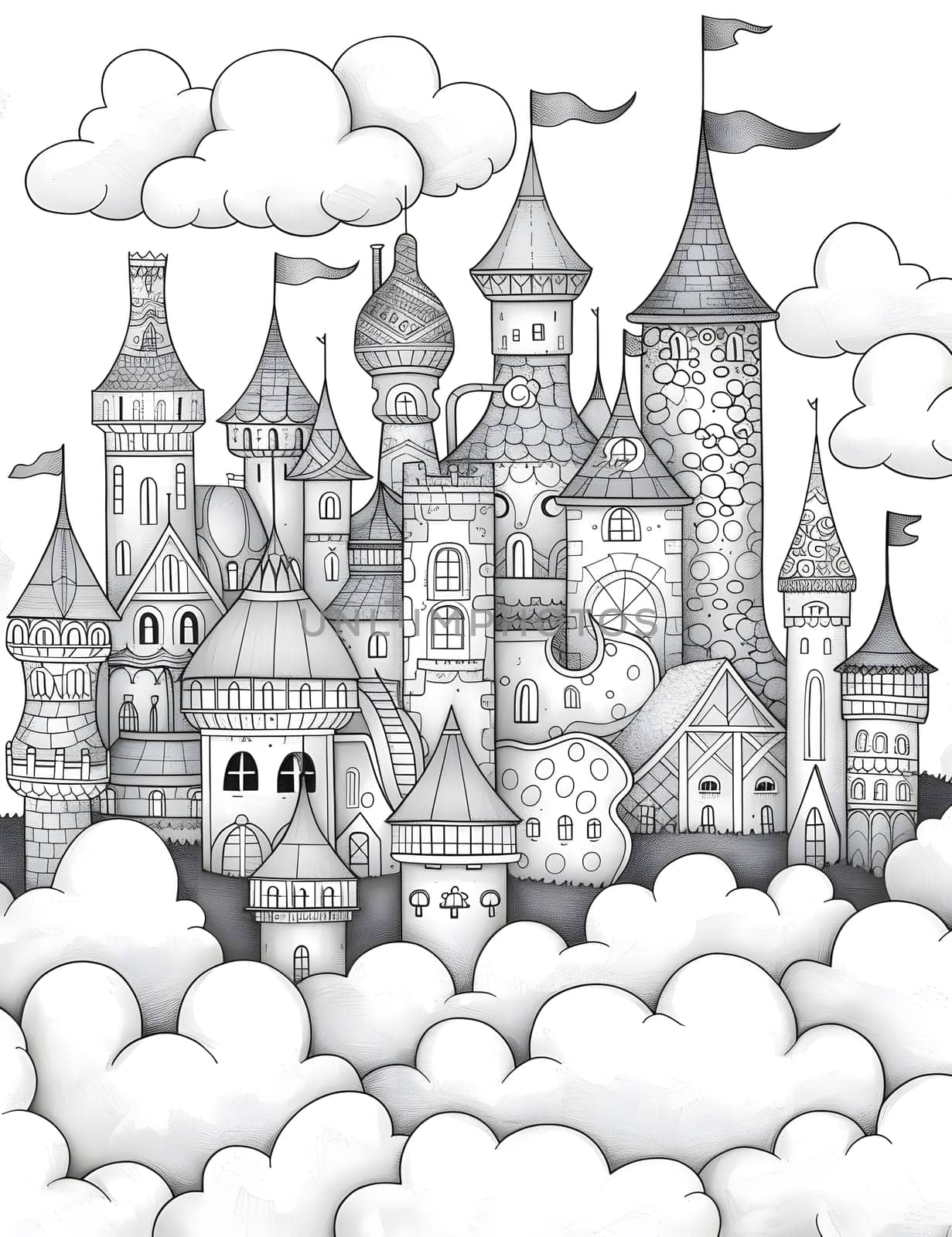 A monochromatic illustration of a castle floating in the clouds, showcasing the art of drawing. This piece captures a blend of history and fantasy