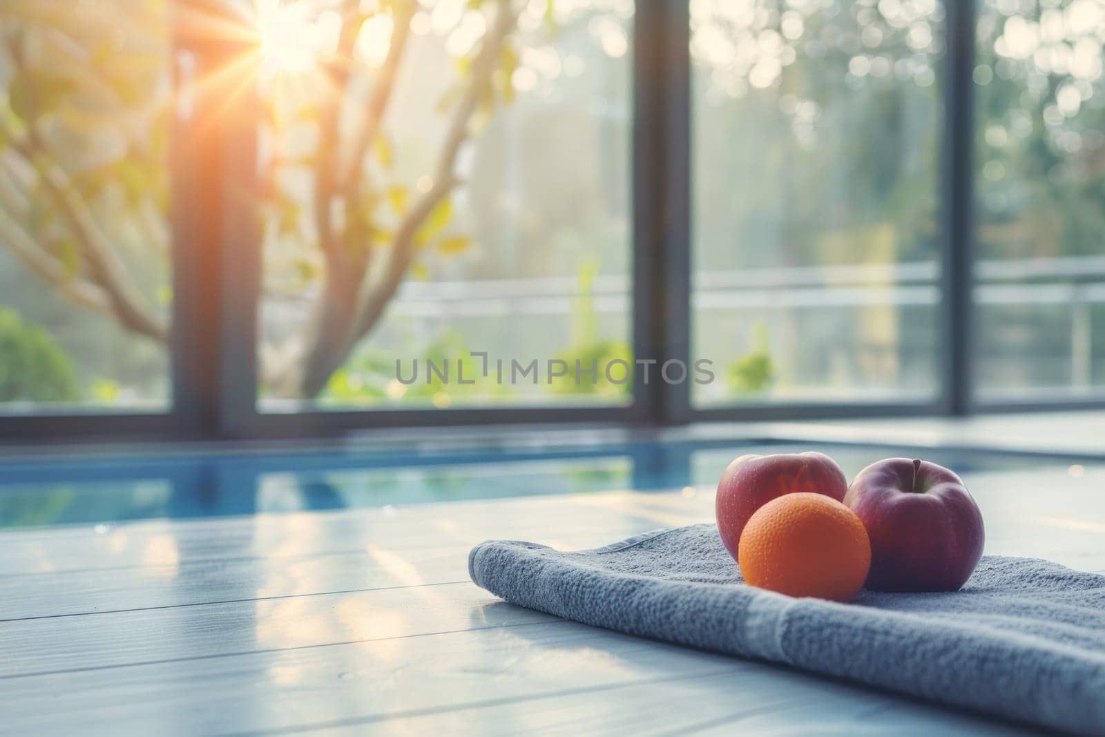 Lifestyle Wellness concept, a towel is on the ground next to two apples by golfmerrymaker