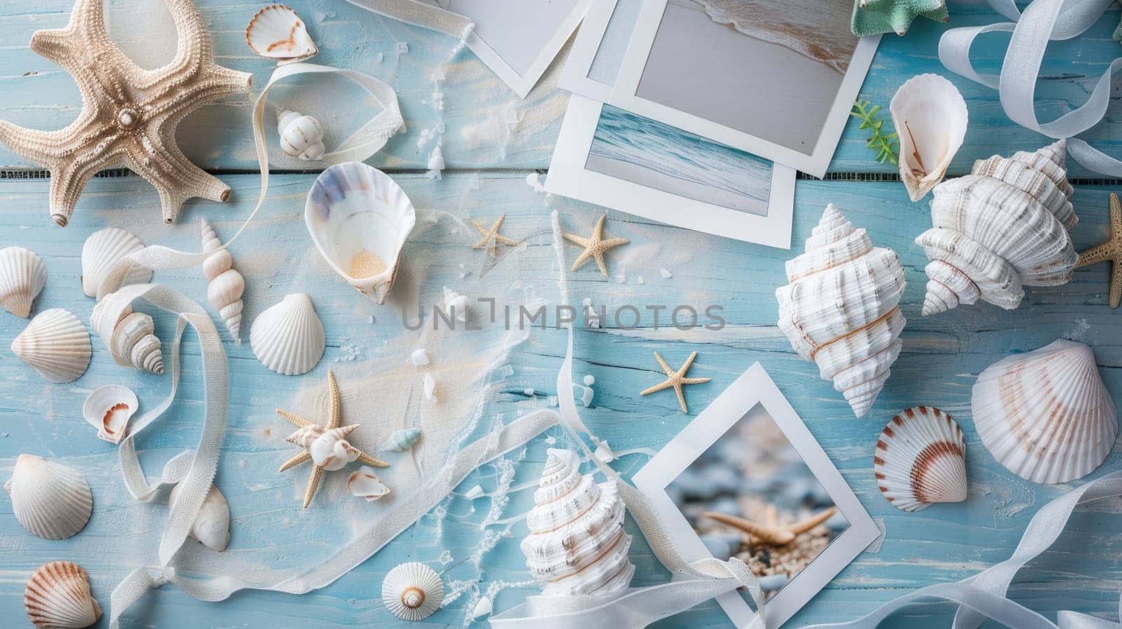 A circular wooden table adorned with aqua seashells and a picture of a beach scene. The combination of natural elements and coastal imagery creates a soothing and inviting atmosphere in the room AIG50