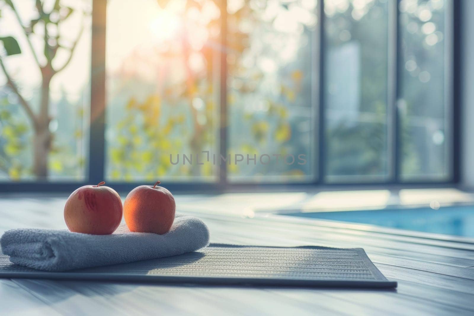 Lifestyle Wellness concept, a towel is on the ground next to two apples.