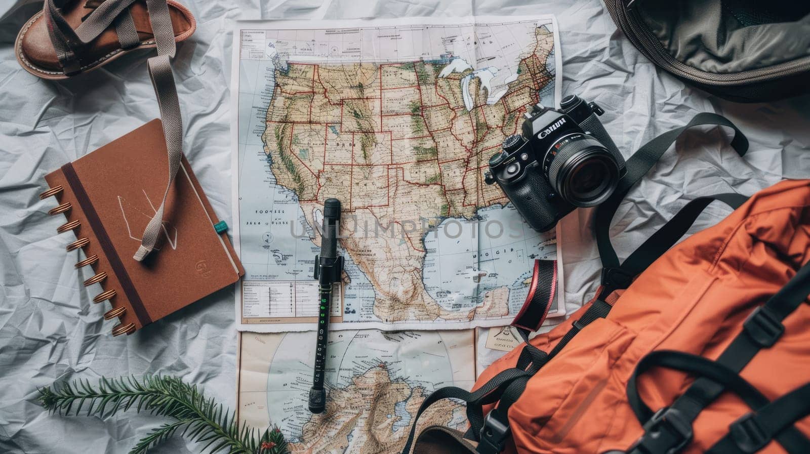 Artistic arrangement of a backpack, hat, camera, book, and map on a table. The visual arts composition includes patterns and textures, creating a unique and aesthetic display AIG50