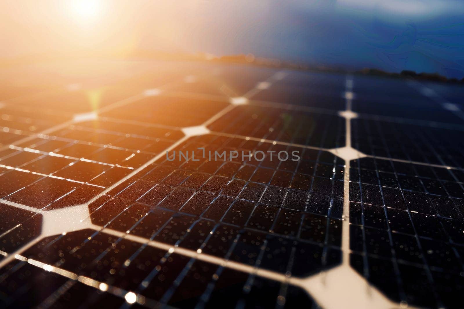 A close up of a solar panel with a sun shining on it. Concept of energy and sustainability