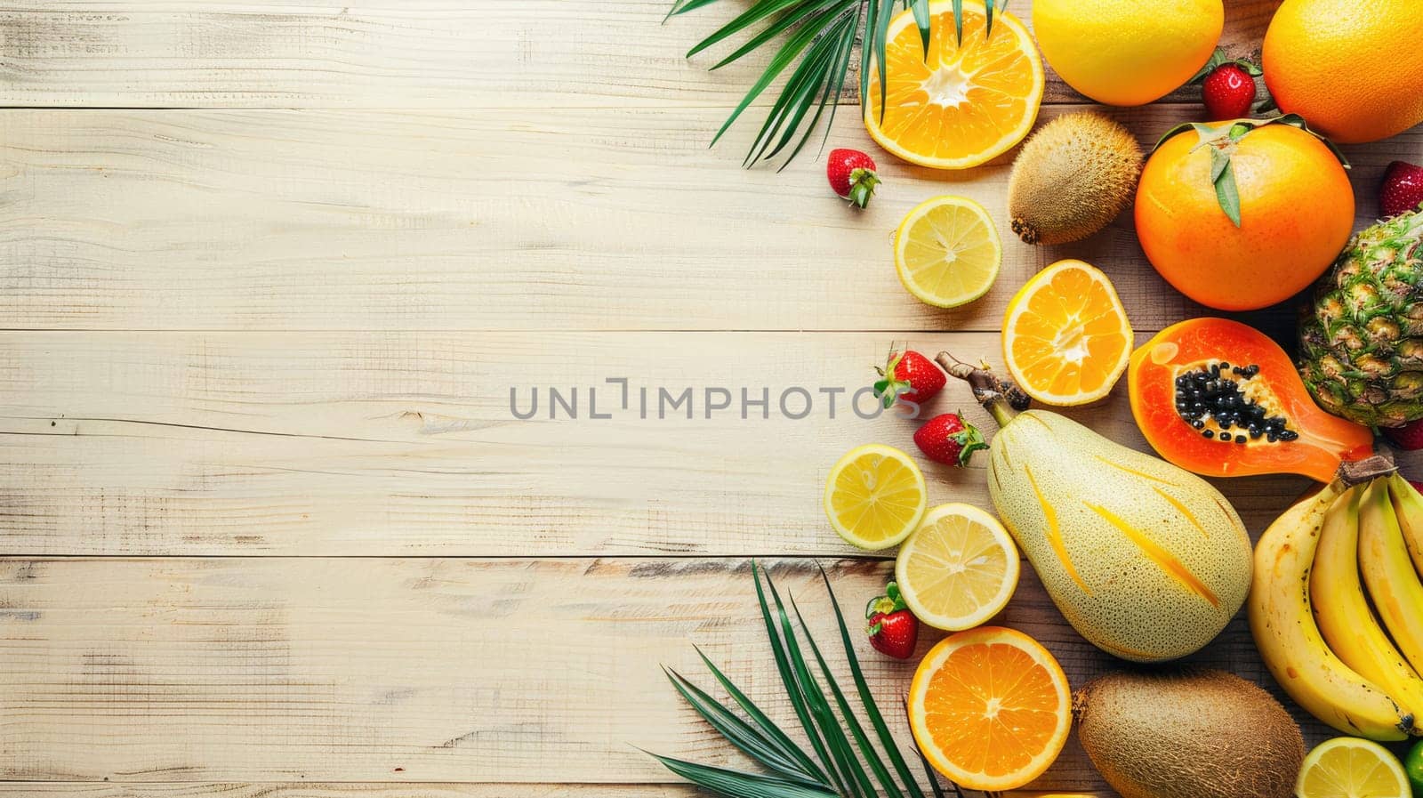 A diverse selection of tropical fruits and leaves displayed on a wooden table, perfect ingredients for creating exotic cuisine dishes and natural food recipes AIG50