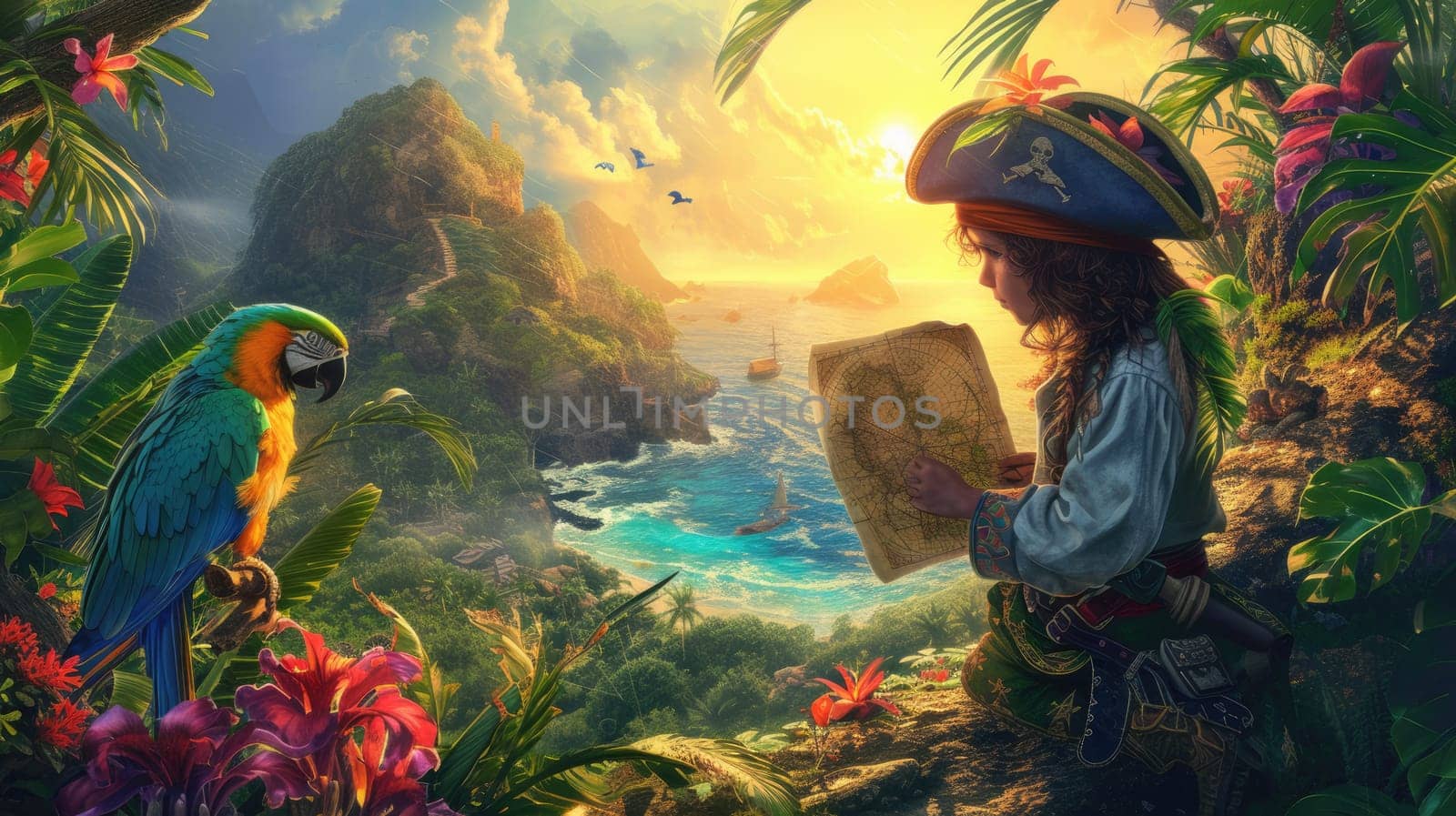 Smart child wearing pirate uniform while looking at treasure map at island. Skilled little explorer and parrot searching and finding treasure while holding map and exploring at forest island. AIG42.