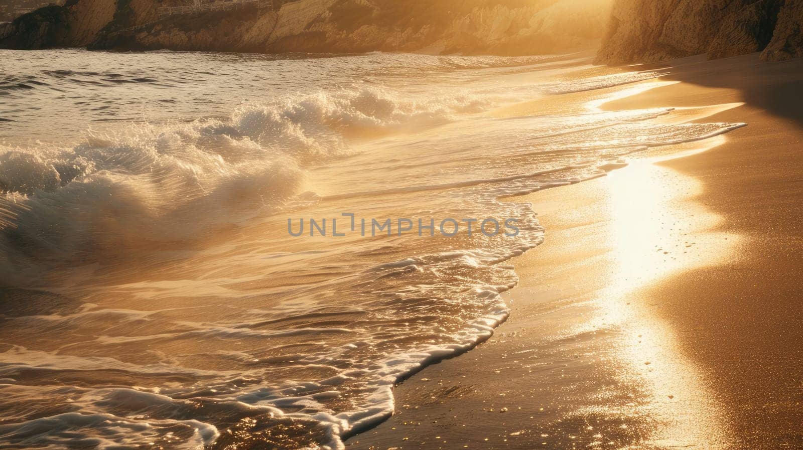 A breathtaking scene of water waves crashing on a beach at sunset, with the warm light illuminating the natural landscape and creating a beautiful horizon AIG50