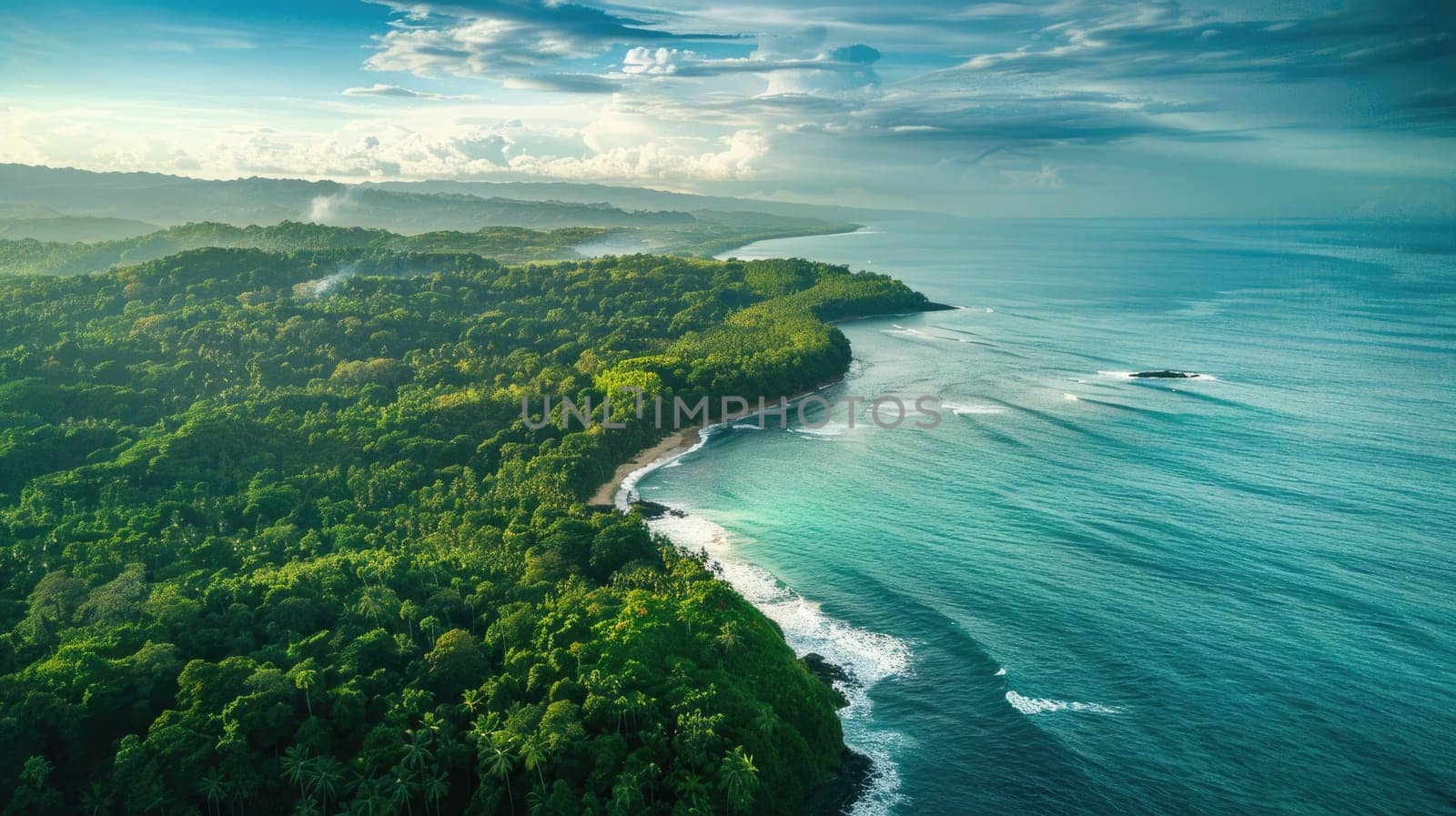 A breathtaking aerial view of a cliff above the ocean with stunning natural landscape, water merging with the sky, and terrestrial plants lining the beach AIG50