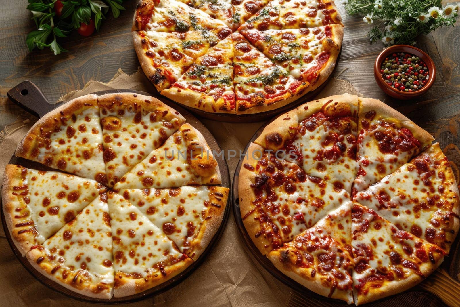 Three pizzas on a wooden table. AIG51A.