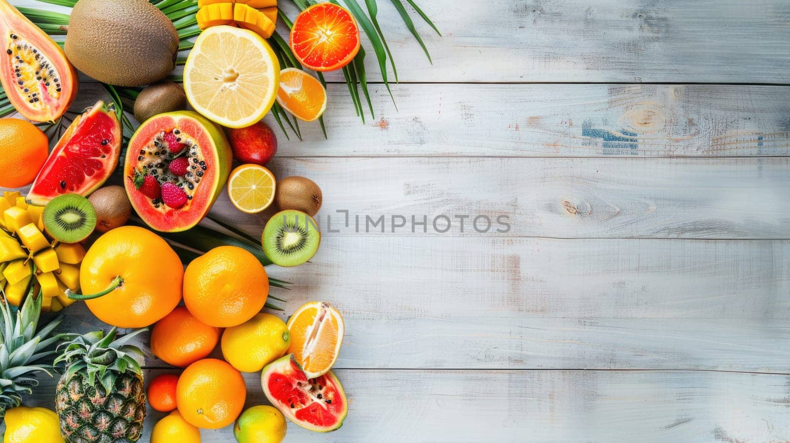A diverse selection of tropical fruits and leaves displayed on a wooden table, perfect ingredients for creating exotic cuisine dishes and natural food recipes AIG50