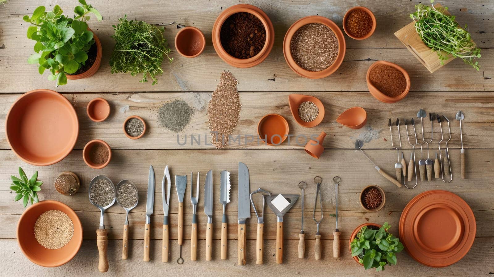 A wooden table adorned with flowerpots filled with plants and gardening tools, enhancing the landscape of a residential area AIG50