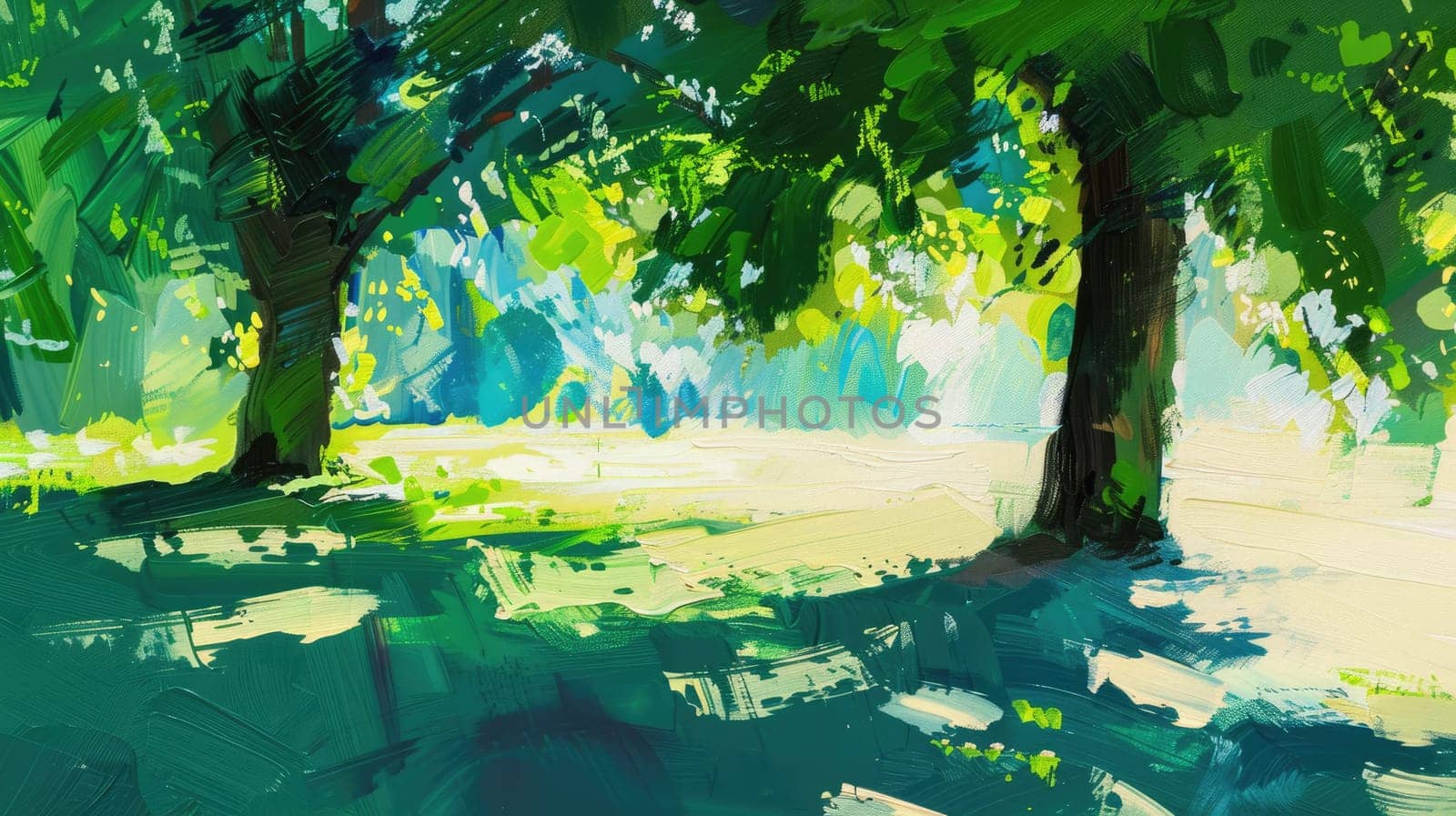 A beautiful painting depicting the sun shining through the trees in a park, illuminating the grass and creating a stunning natural landscape AIG50