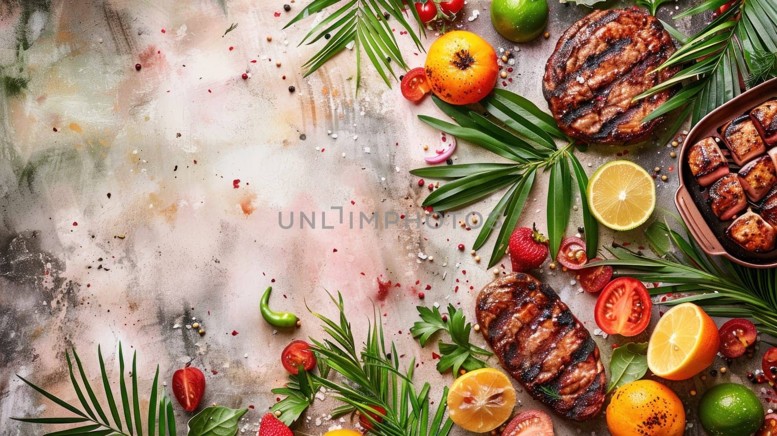 A plate of food with meat, tomatoes, oranges, and peppers. The plate is on a table with a green background