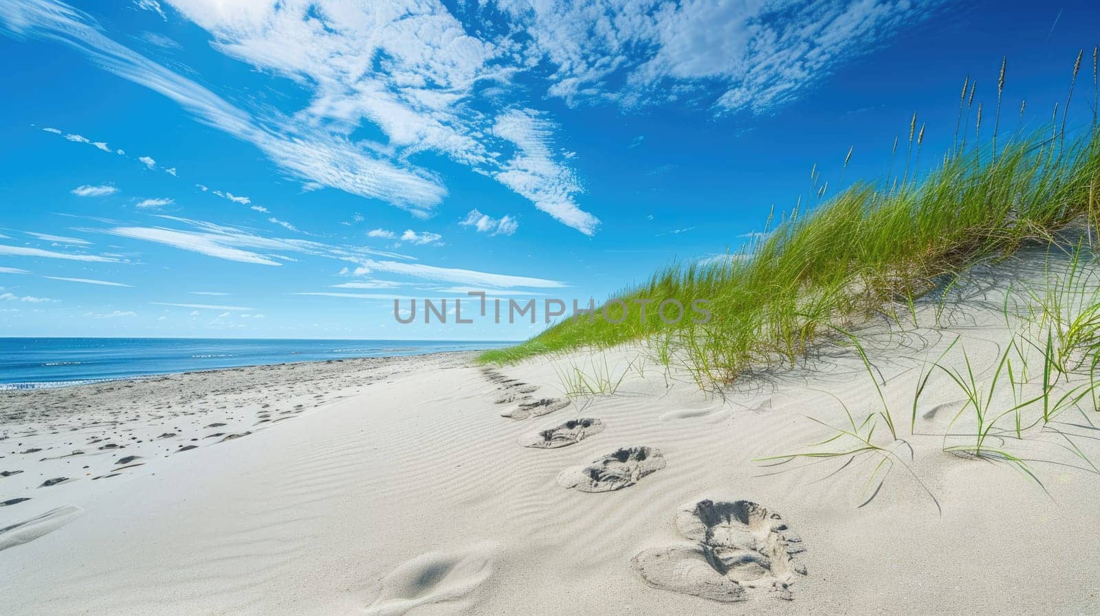 A tranquil painting of a sandy path leading to the ocean, with a cloudy sky above and the horizon blending into the natural coastal landscape AIG50