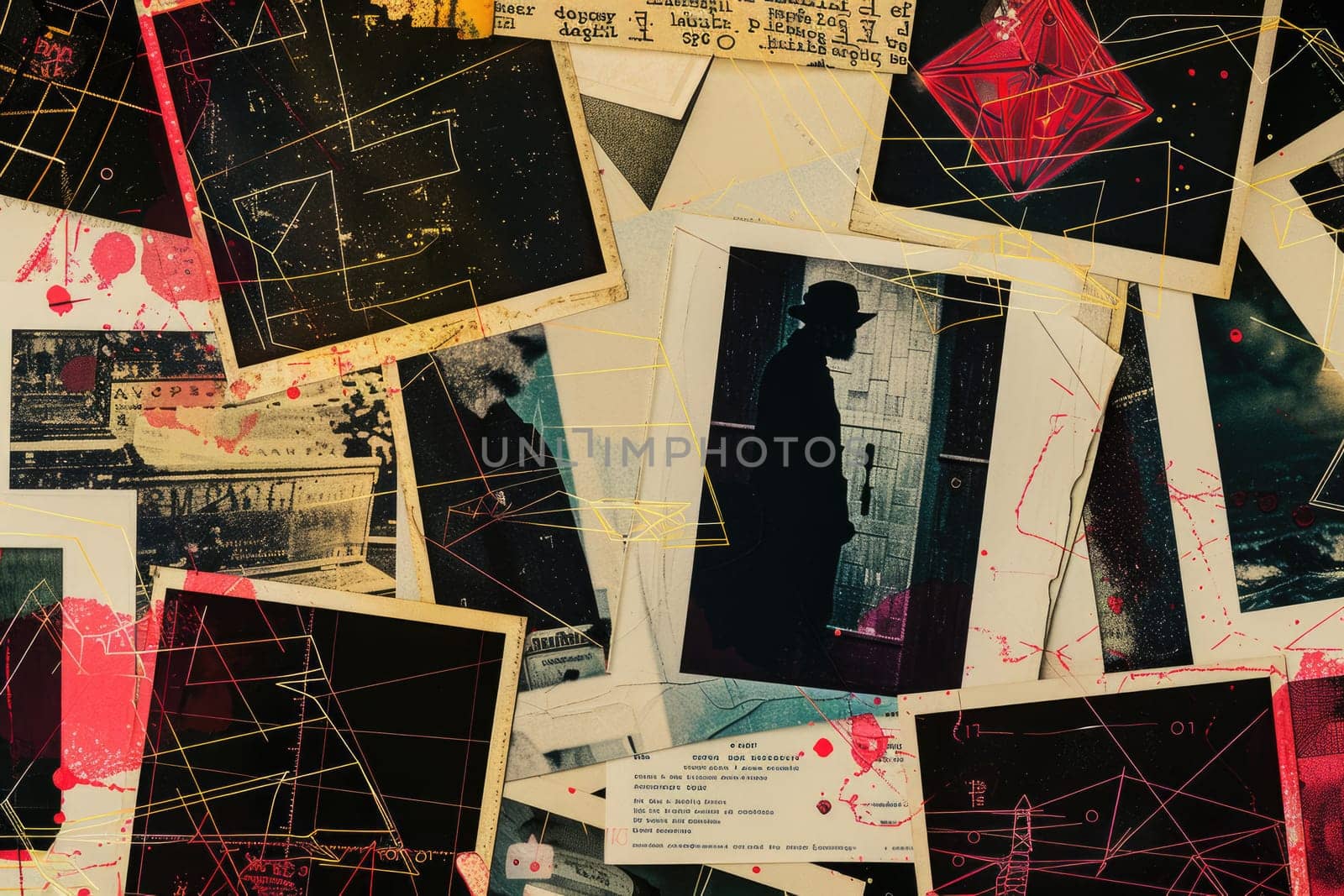 A collection of old photos and documents with red and pink accents. AIG51A.