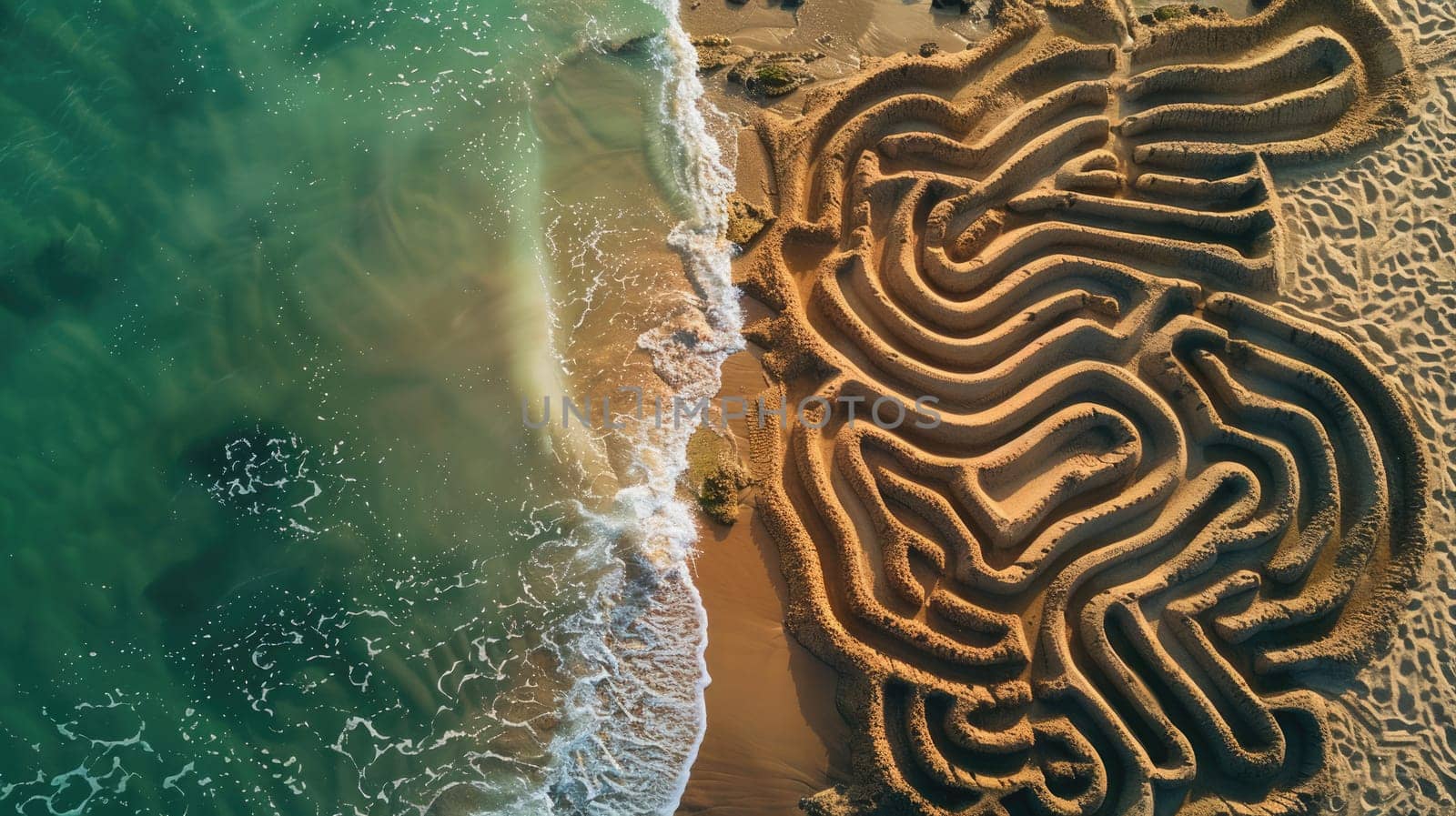 A mesmerizing sand labyrinth, created on a beach, with intricate patterns resembling a work of art. The aerial view captures the harmonious blend of natural materials and landscape AIG50