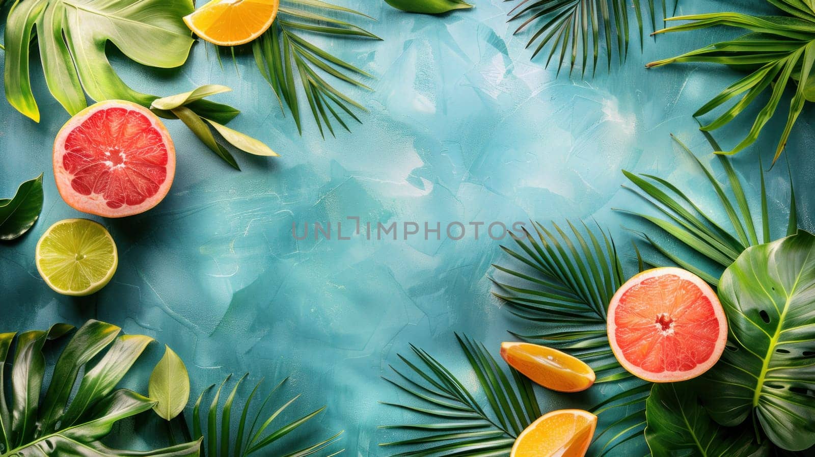 A blue background with a bunch of fruit including oranges, lemons.