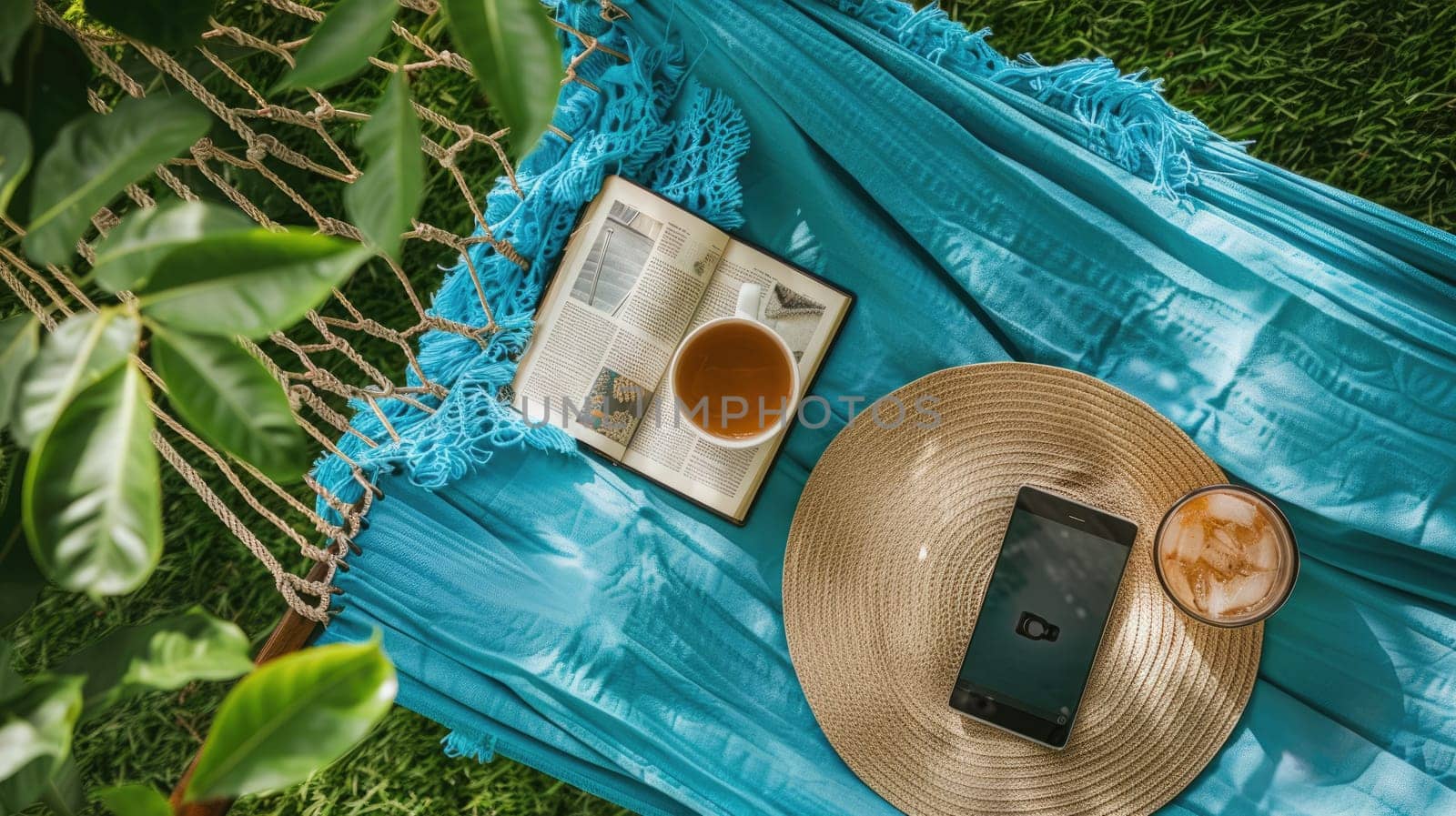 A hammock made from terrestrial plant fibers, under a tree on the beach, with a straw hat, a book, a cell phone, and a glass of orange juice AIG50