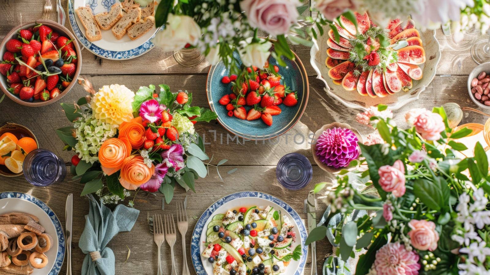 An artfully arranged table featuring a variety of dishes, garnished with fresh flowers. A beautiful display for sharing and enjoying delicious cuisine at a special event AIG50