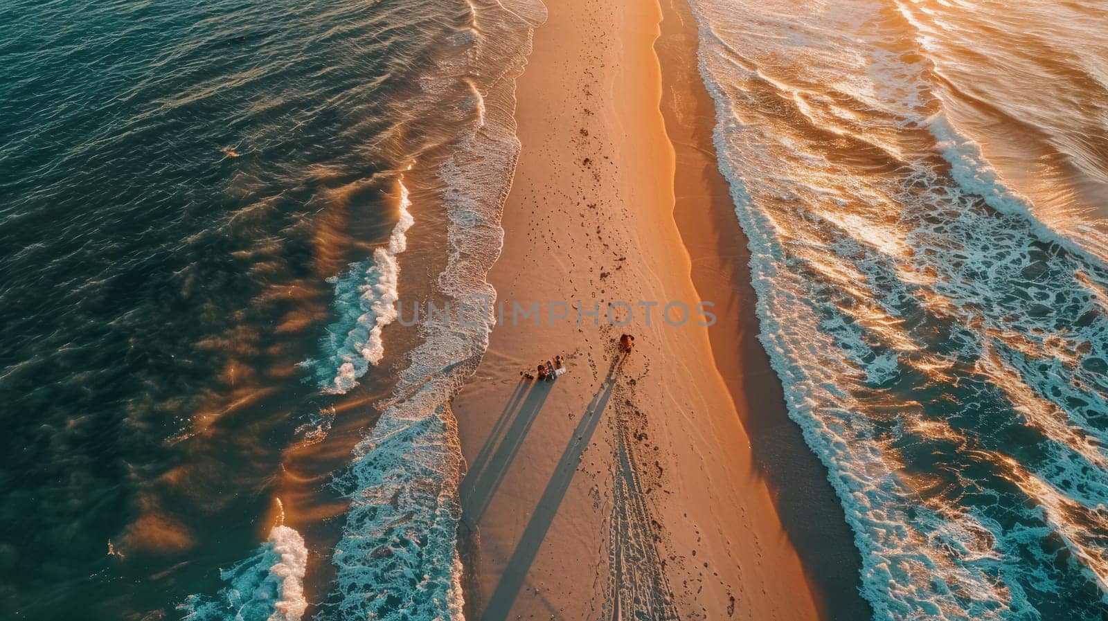 An aerial view of a group of people having a picnic on the beach, surrounded by vehicles, pollinators, insects, patterns in the landscape, woods, soil, terrestrial animals, wildlife, and beehives AIG50