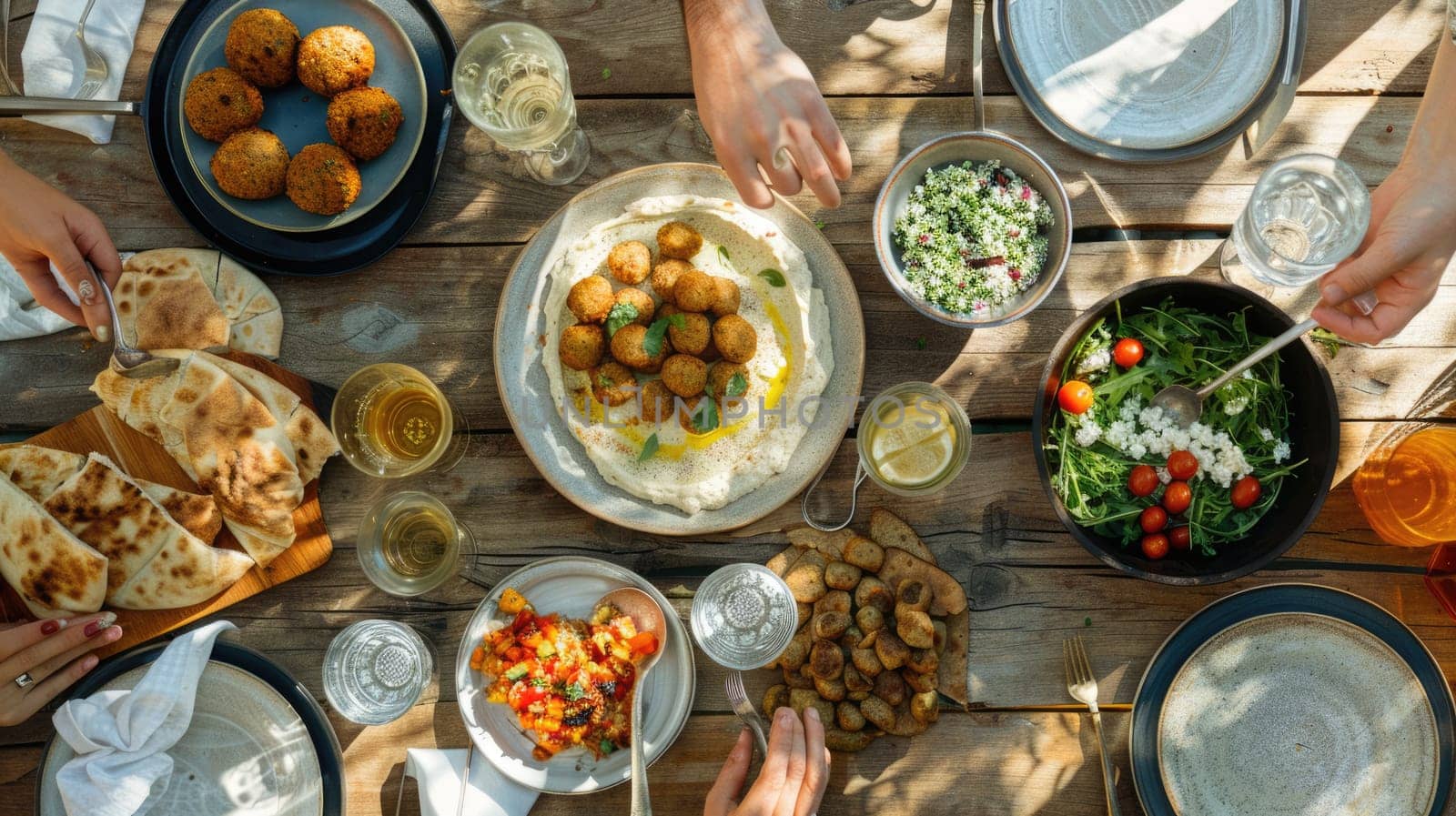 A variety of dishes showcasing different cuisines and ingredients are displayed on the table, highlighting the art of food preparation using natural foods and produce AIG50