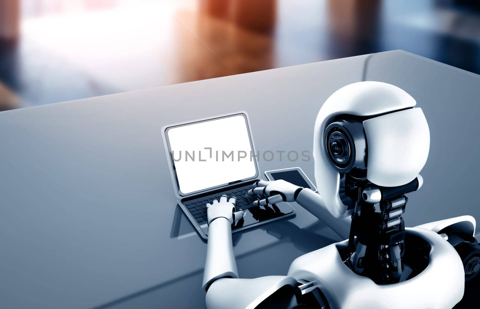 MLP 3d illustration Robot humanoid use laptop and sit at table in future office while using AI thinking brain , artificial intelligence and machine learning process. 4th fourth industrial revolution 3D illustration.