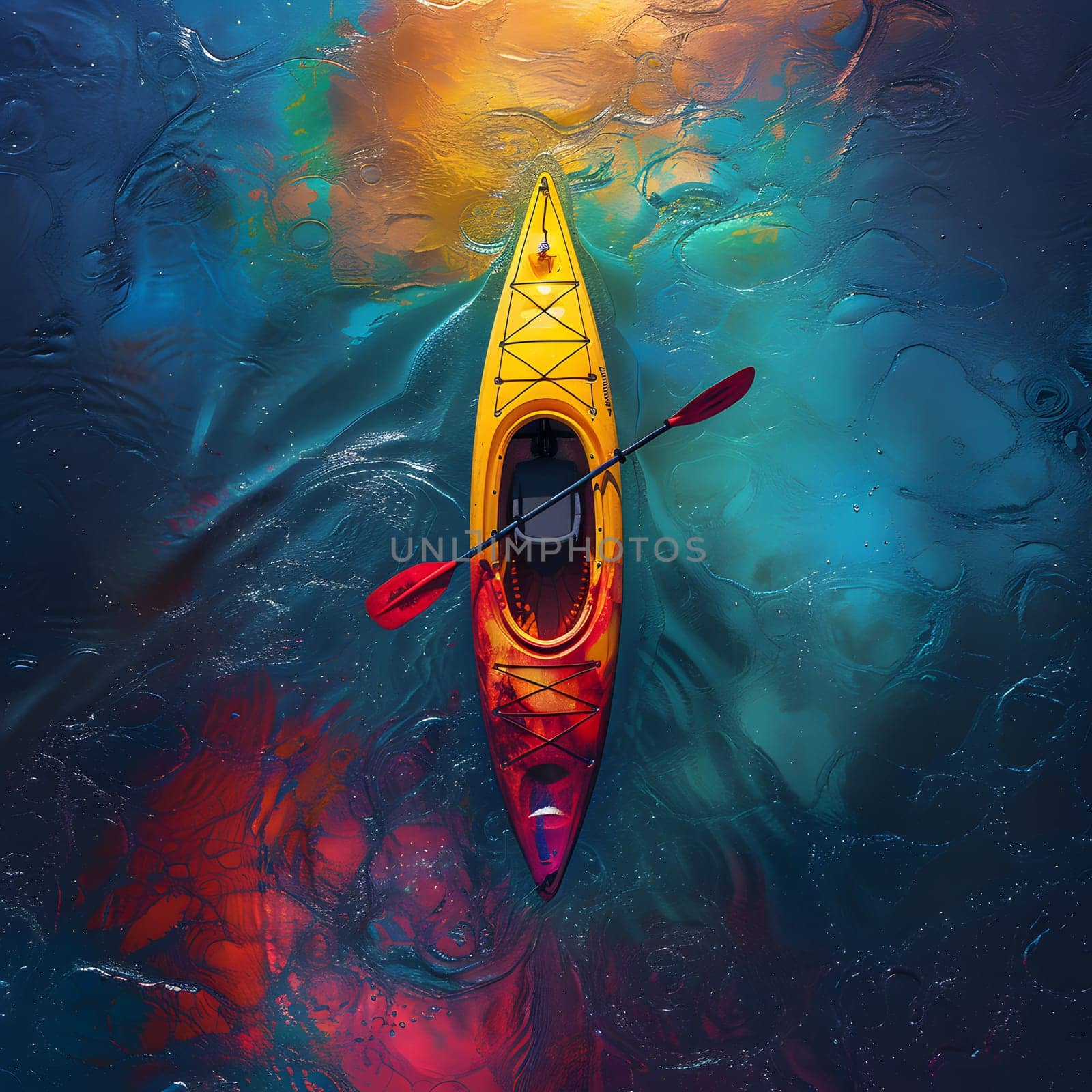 Colorful kayak floats on water in aerial view, resembling art painting by Nadtochiy