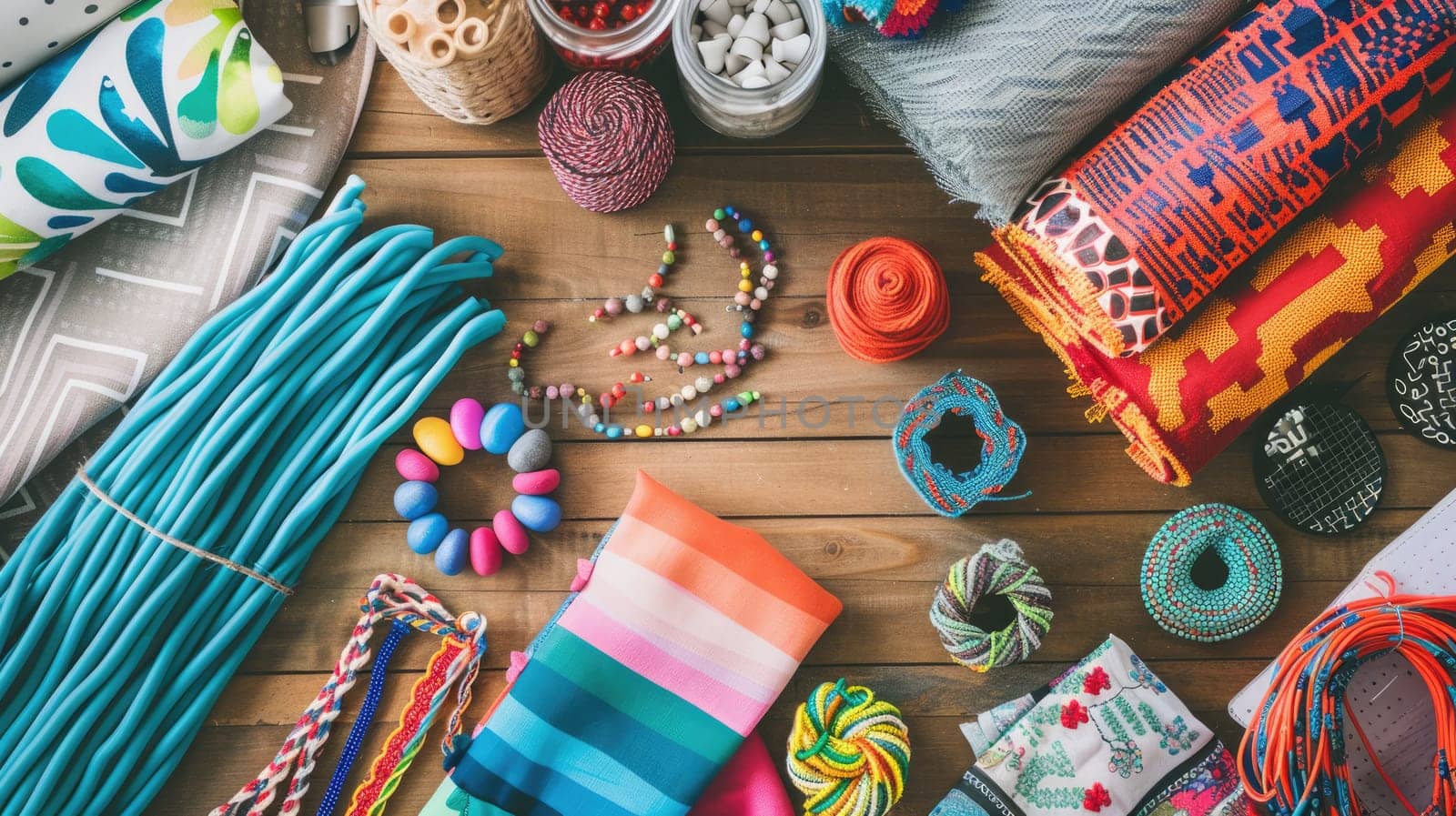 A creative arts product display featuring a wooden table topped with a variety of body jewelry items such as colorful bracelets and beads in magenta, aqua, and other vibrant colors AIG50