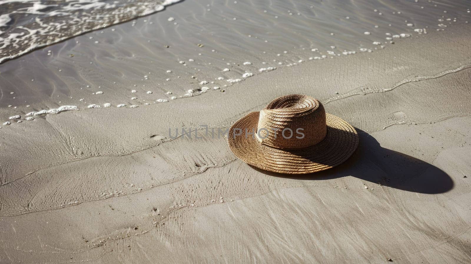 The hat rests on the sandy beach by the waters edge, under the warm sunlight. The fluid waves gently kiss the shore, creating a peaceful landscape with a wooden horizon AIG50