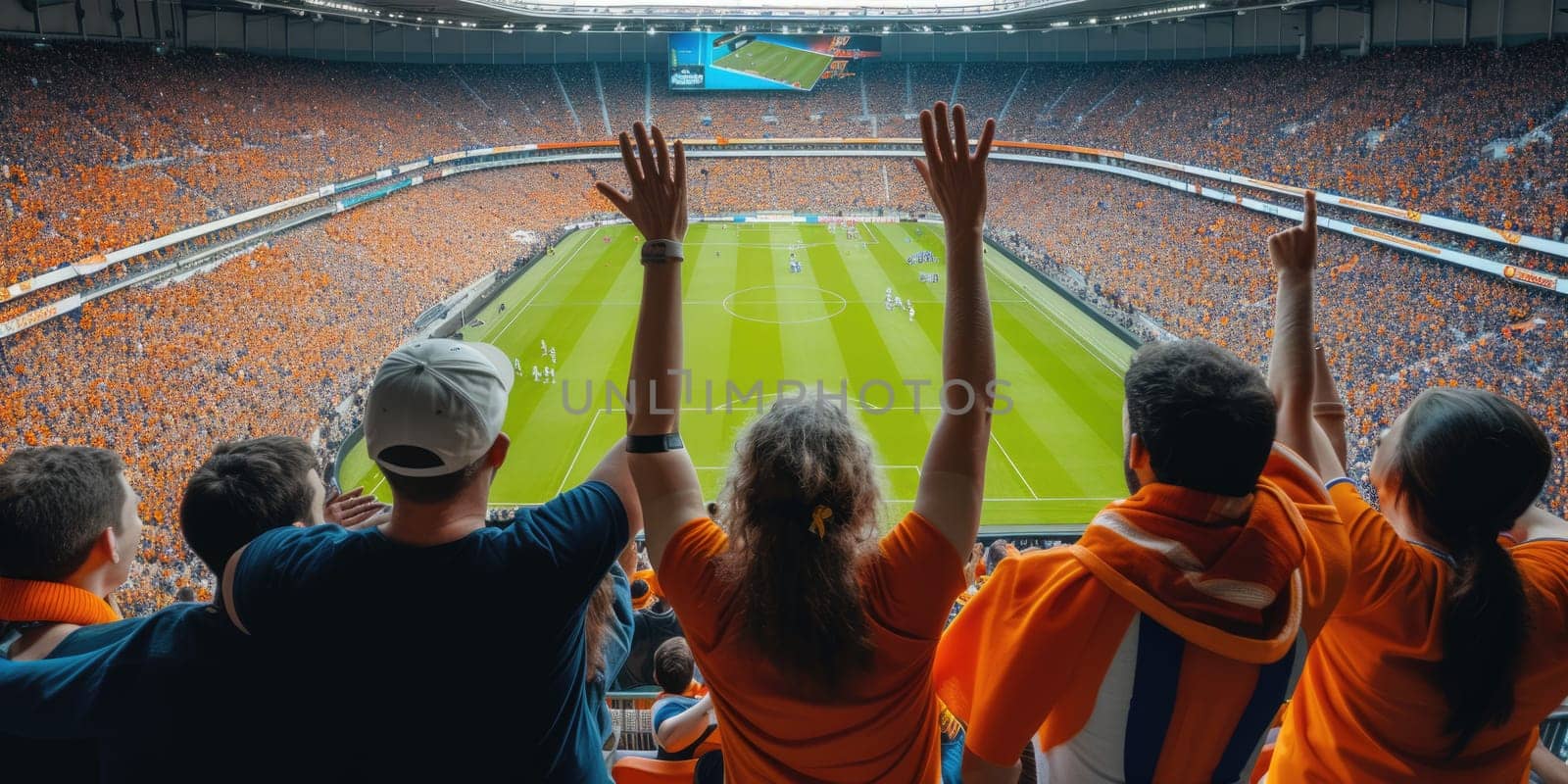Fans at a World Soccer competition event cheer on their favorite players, raising their arms in jubilation, creating a lively crowd on the grass field. AIG41