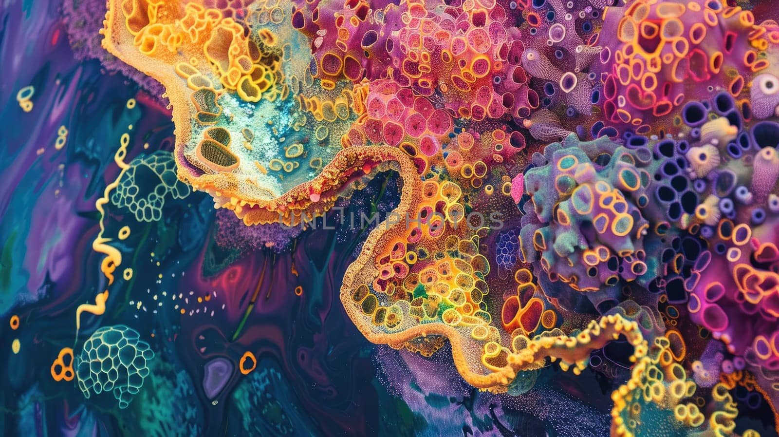 An electric blue painting of a coral reef with vibrant sponges and corals, showcasing the beauty of marine organisms through art and entertainment AIG50