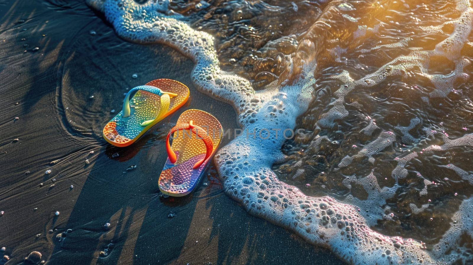 A pair of flip flops rests on the sandy beach, with waves crashing nearby. The tranquil scene is a perfect blend of water, wind, and natural landscape AIG50