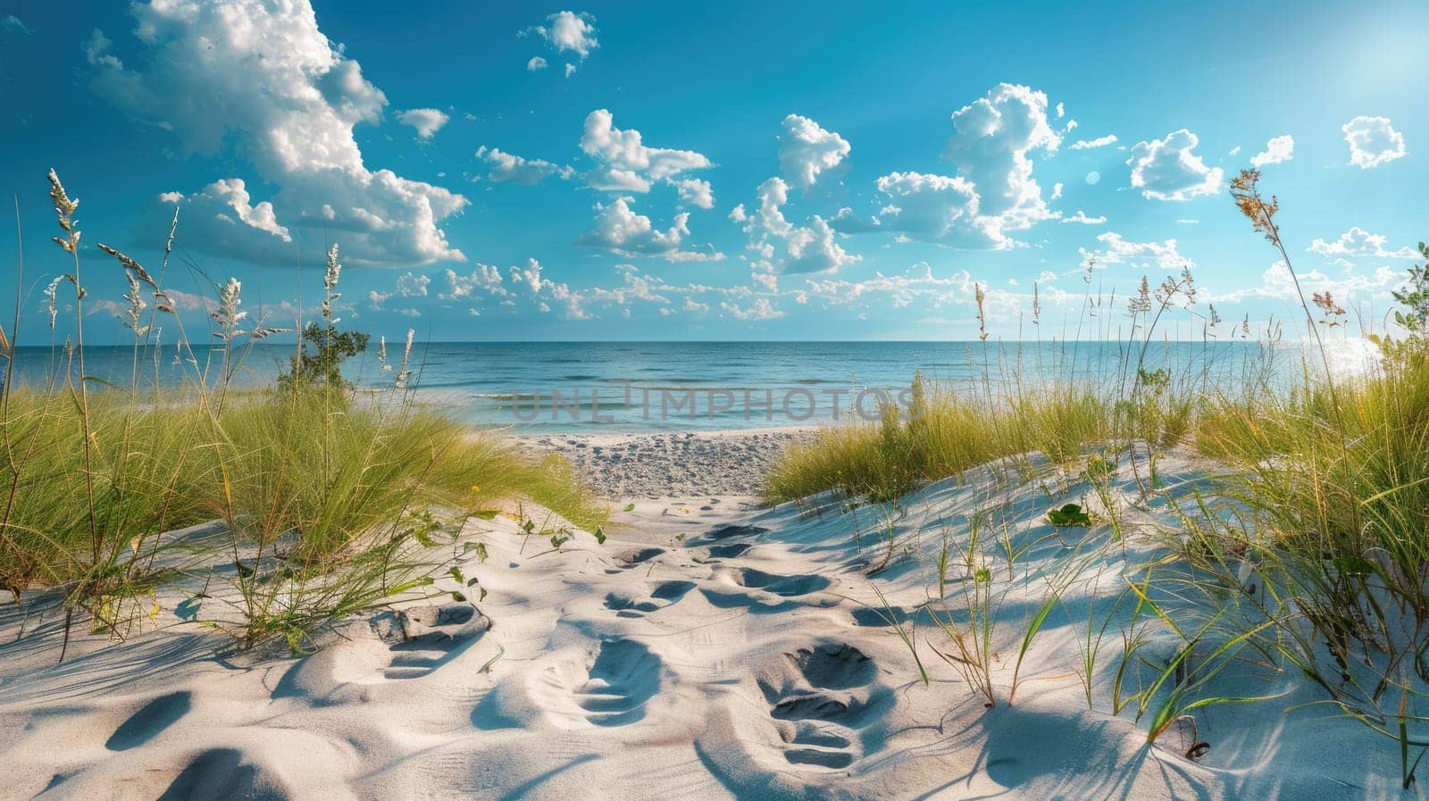 A tranquil painting of a sandy path leading to the ocean, with a cloudy sky above and the horizon blending into the natural coastal landscape AIG50