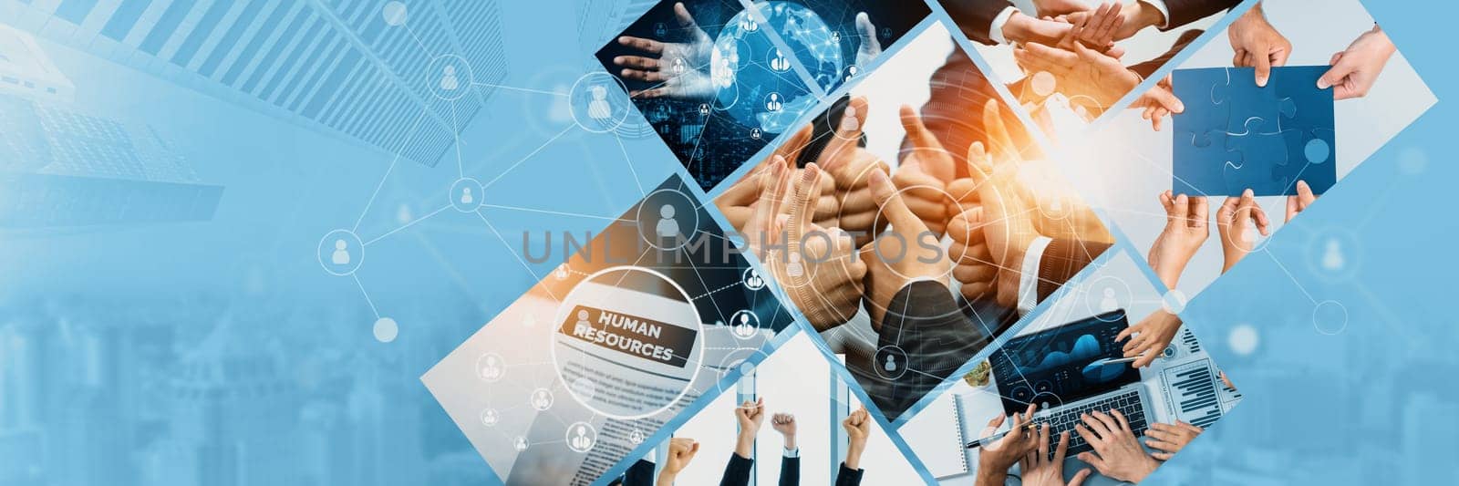 Teamwork and human resources HR management technology concept in corporate business with people group networking to support partnership, trust, teamwork and unity of coworkers in office kudos