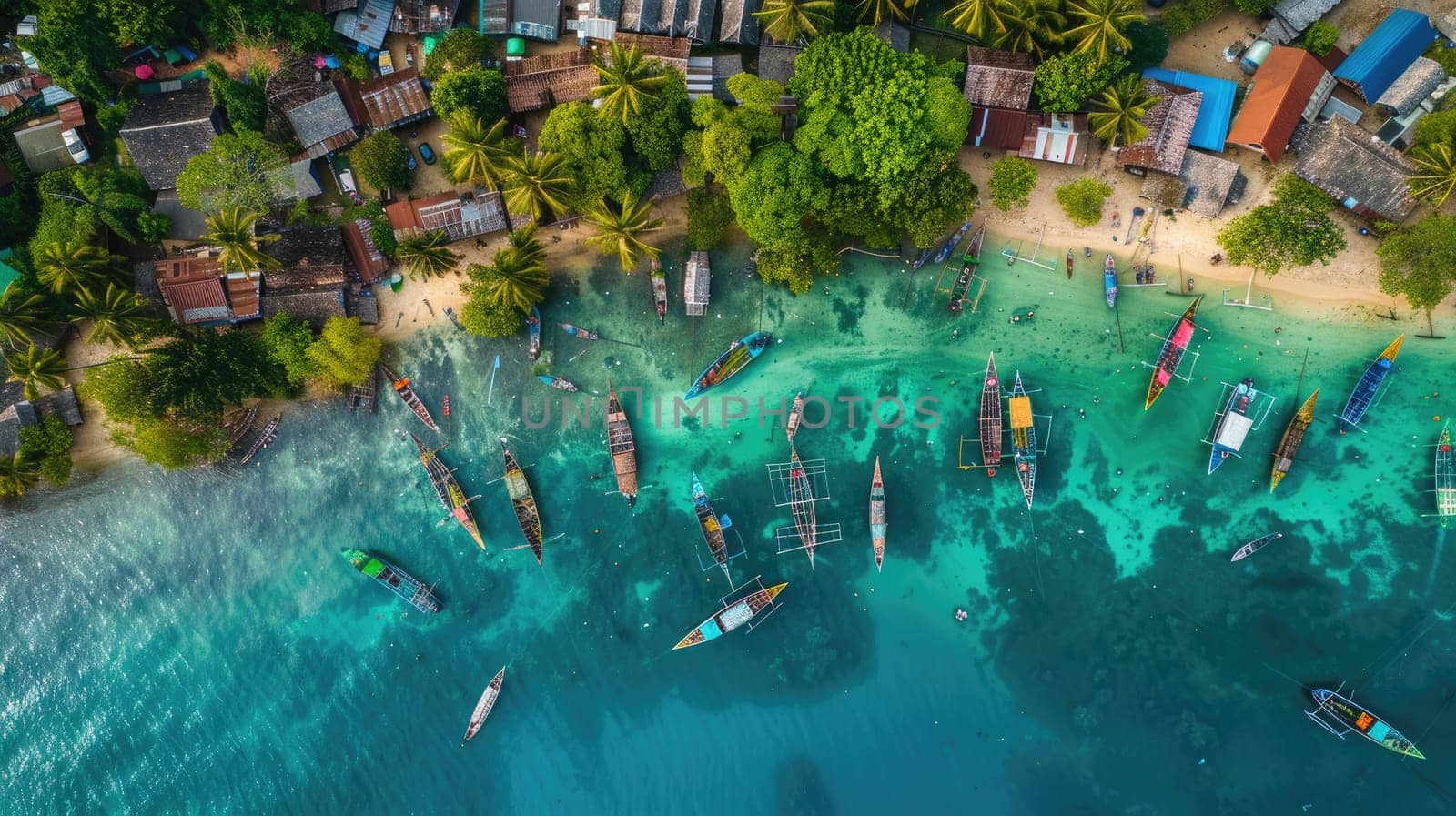 A stunning aerial view of a tropical island with boats floating in the crystalclear water, surrounded by lush greenery and palm trees AIG50