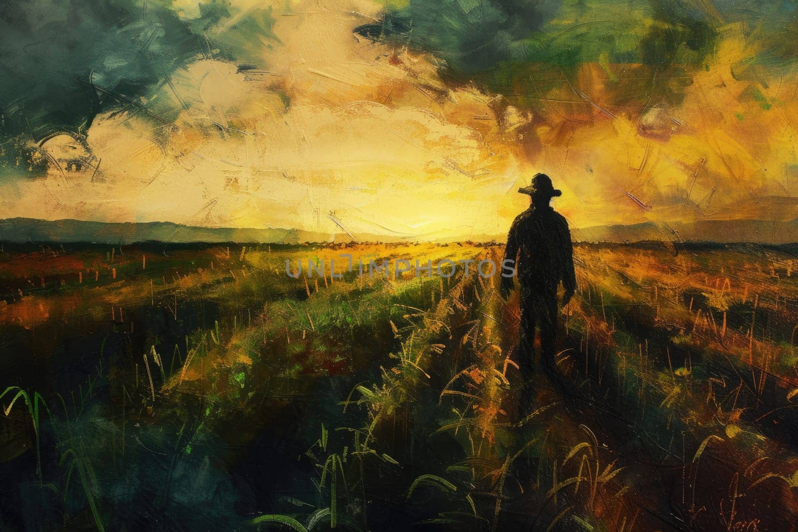 Portrait of young skilled farmer working at rice field sunset with golden ray. Smart agricultural people or researcher checking his crop while standing at farm. Agriculture sustainable concept. AIG42.