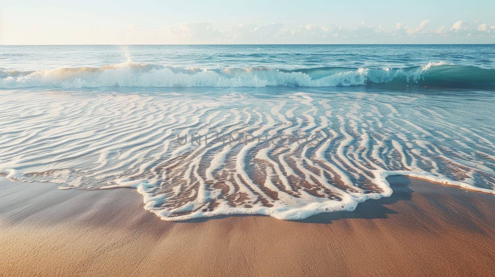 A close up of a sandy beach with waves crashing onto the shore, showcasing the beauty of natures water and wind waves in a natural landscape AIG50