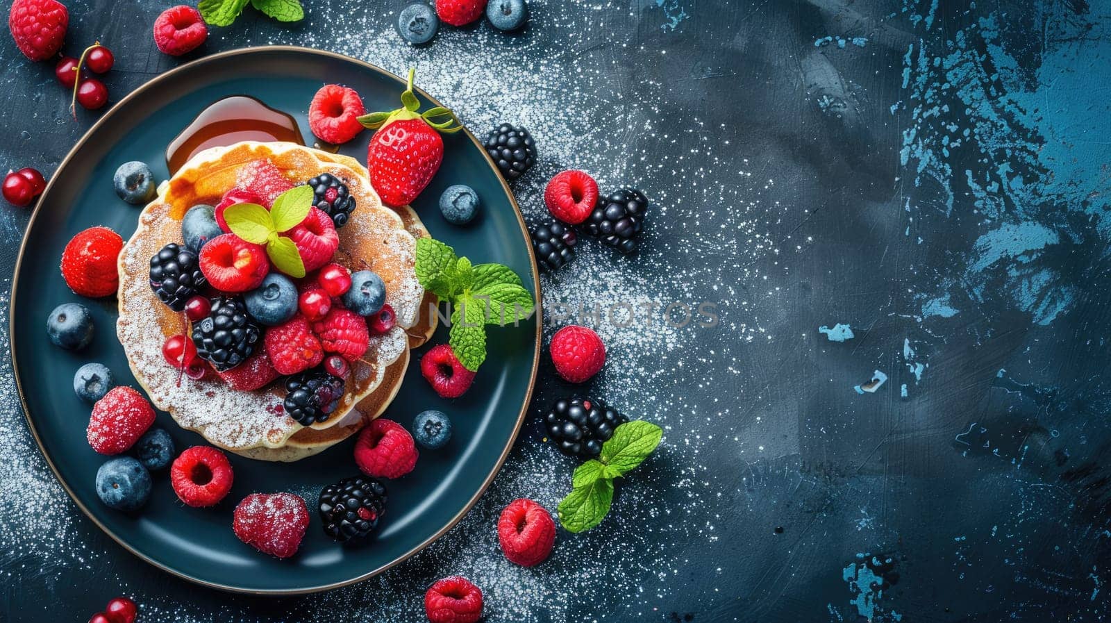 A stack of pancakes topped with strawberries and blueberries on a plate. The perfect combination of sweet fruit and fluffy pancakes, a delicious breakfast choice AIG50