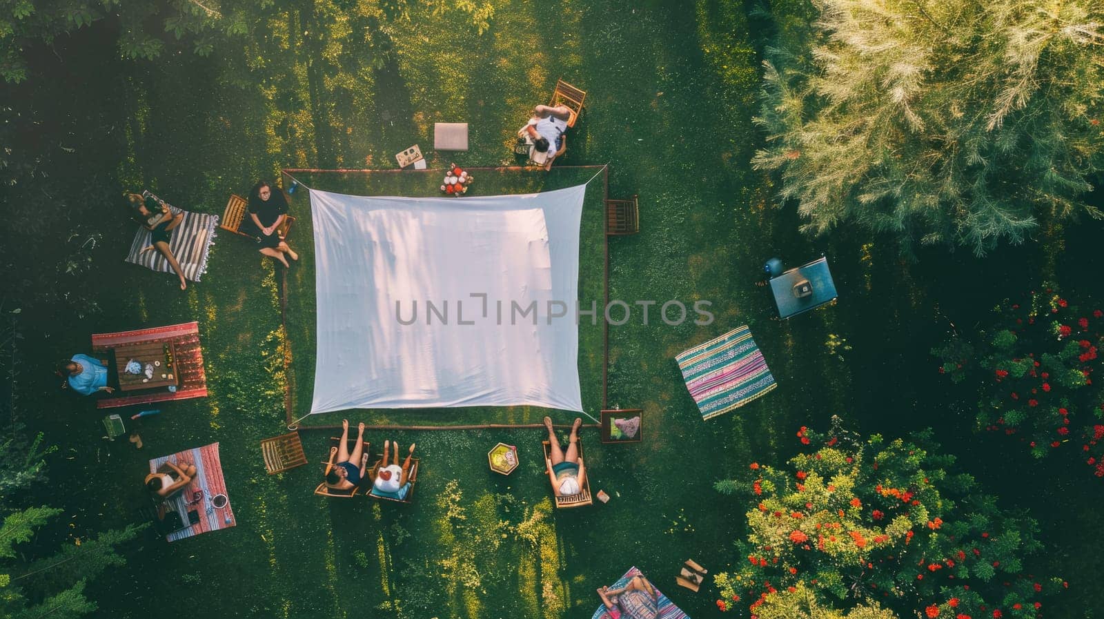 A group of people gathered in the forest around a large screen, surrounded by trees, shrubs, and grass. The landscape is filled with natural elements AIG50