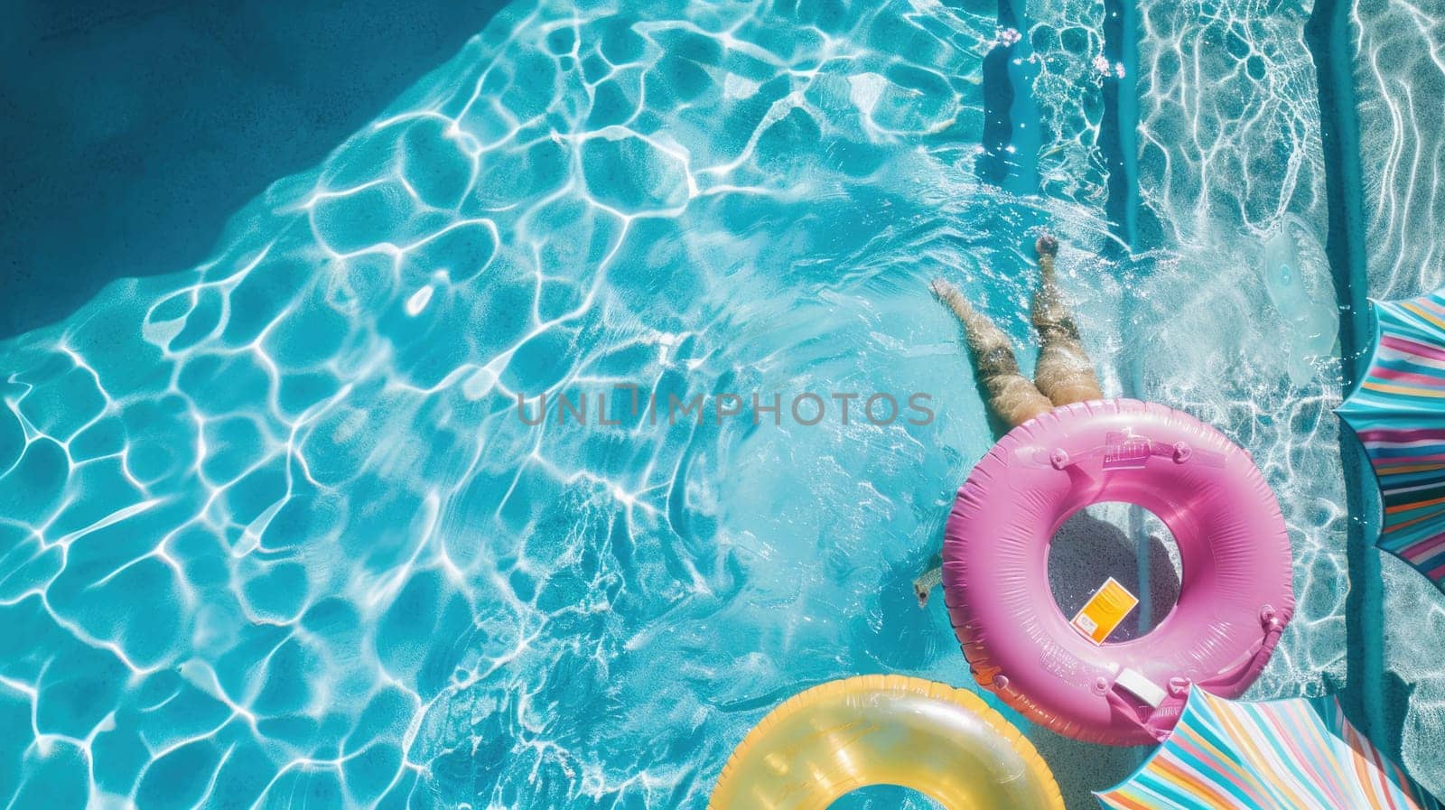 Three liquid floats in electric blue and azure colors are drifting in the swimming pool, creating an artful pattern resembling petals AIG50
