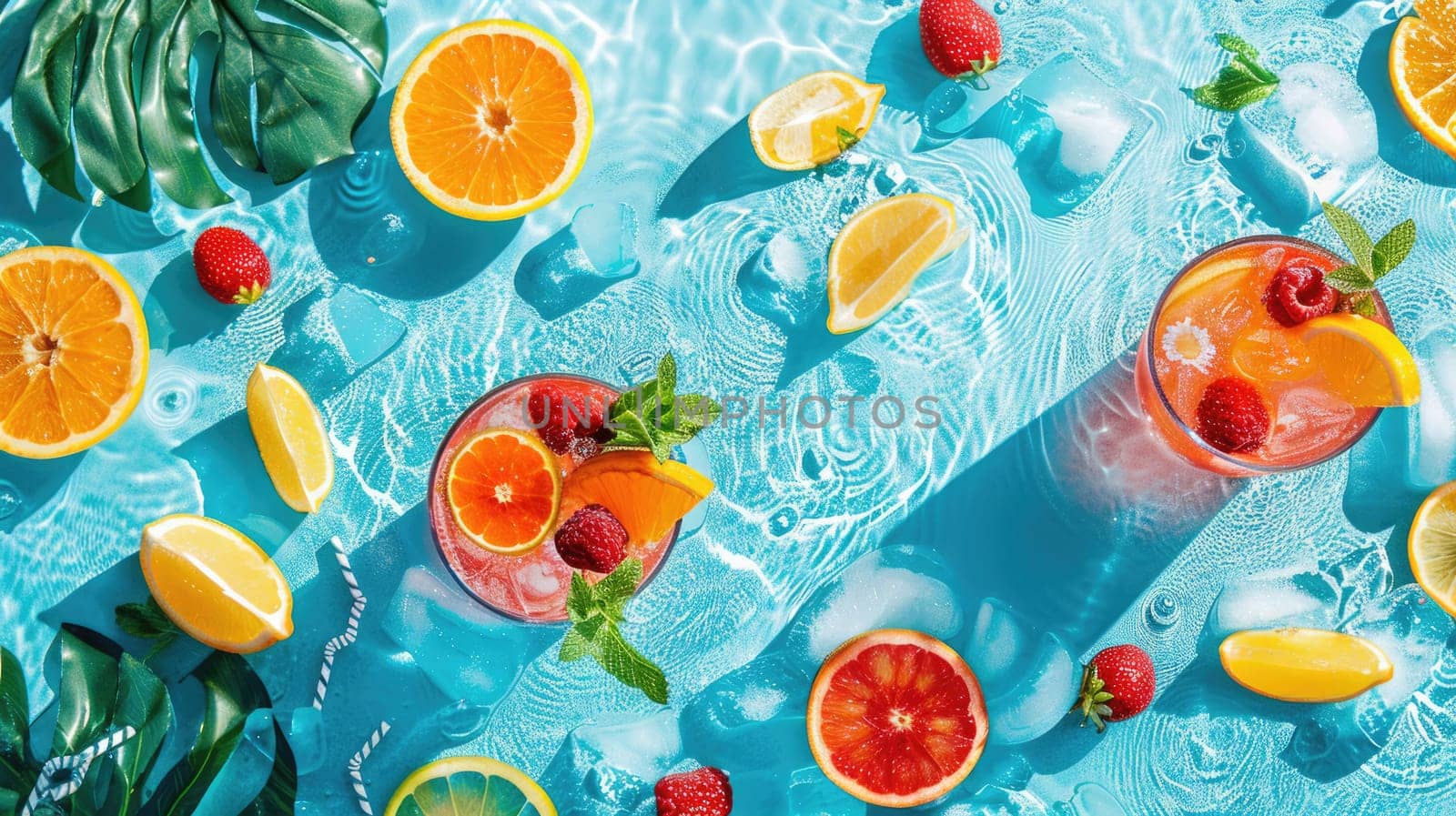 Aqua art transforms a swimming pool into a vibrant oasis filled with floating fruits and leaves, creating a mesmerizing display of color and nature AIG50
